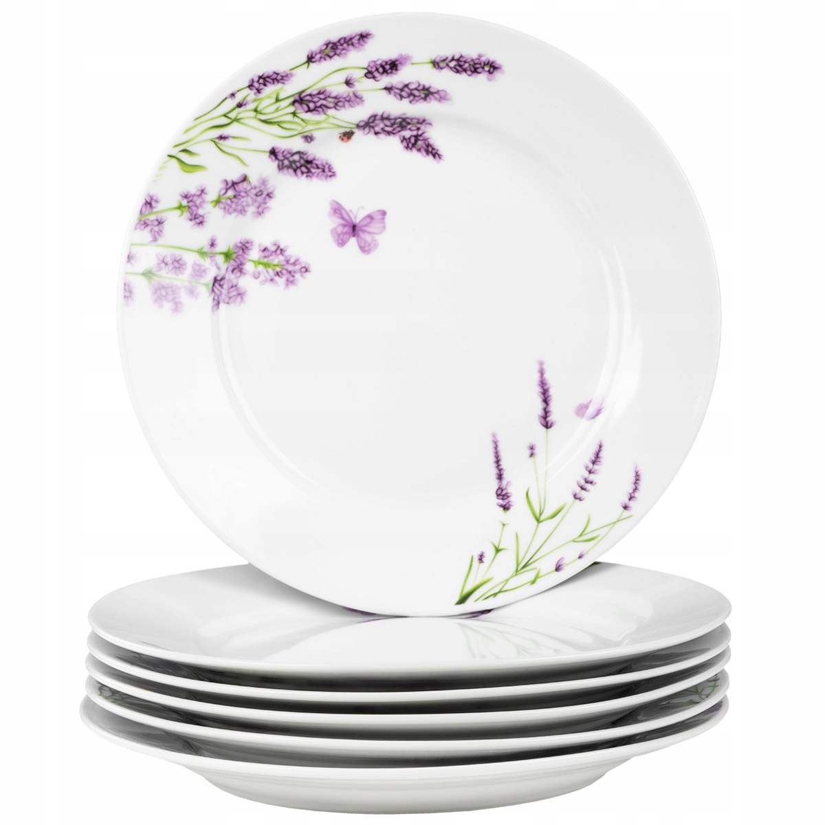 SERWIS OBIADOWY 6 OSÓB KOMPLET TALERZY BIAŁYCH PORCELANA 18 CZĘŚCI LAWENDA Kształt Okrągły