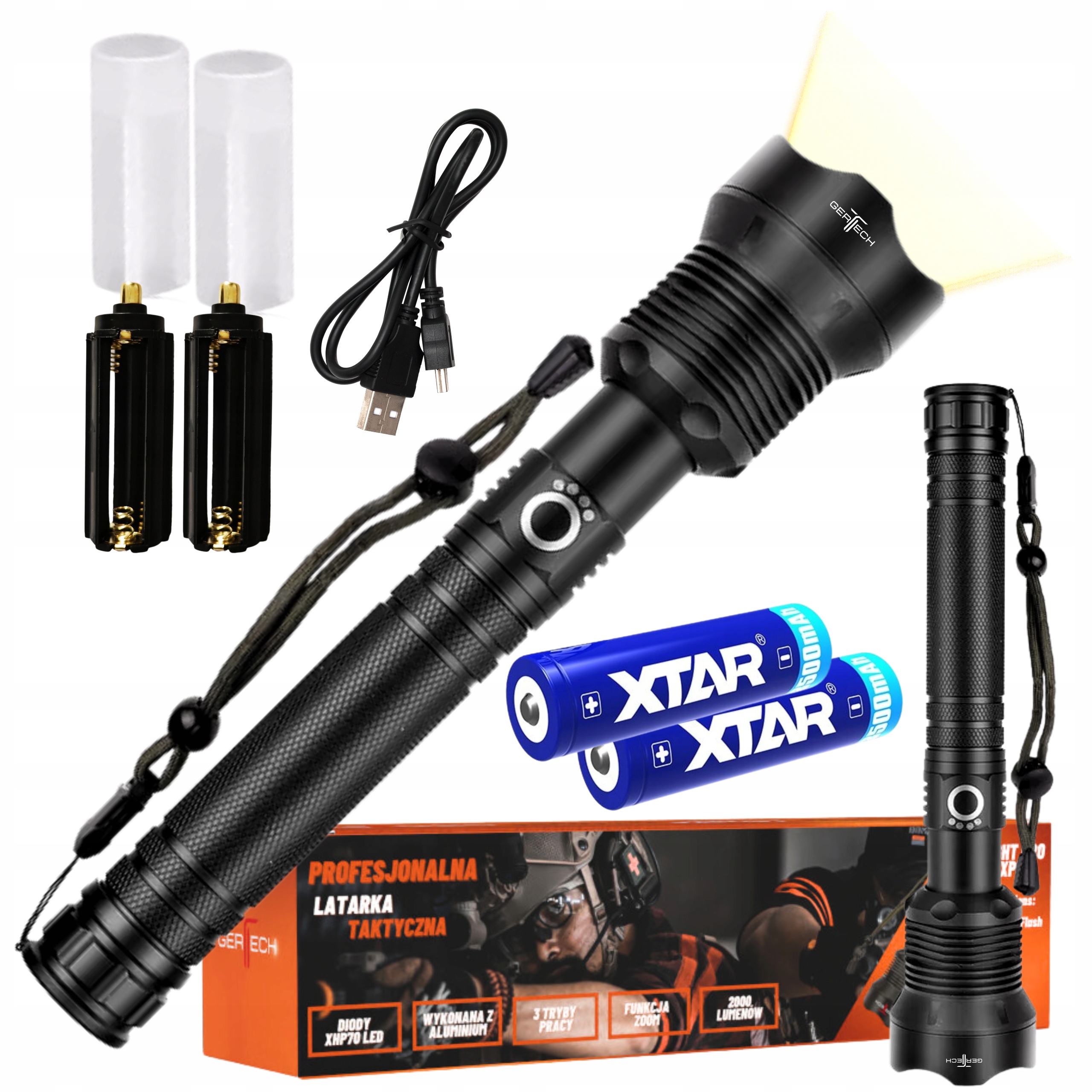 Latarka Led Usb Akumulator Taktyczna Wojskowa Wielofunkcyjna Zoom