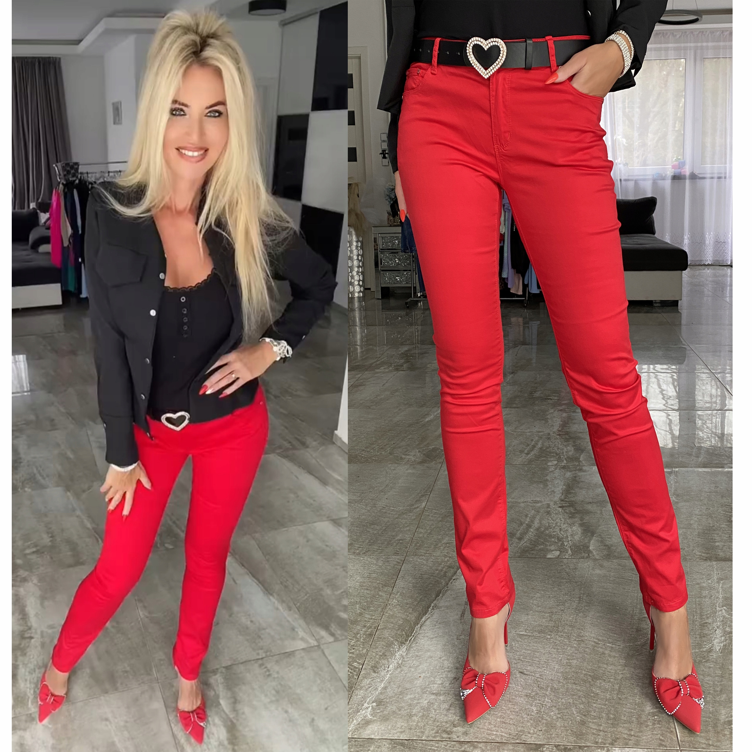 DŁUGIE SPODNIE CZERWONE RURKI MODNE + PASEK WYSOKI STAN DO BIURA FB222