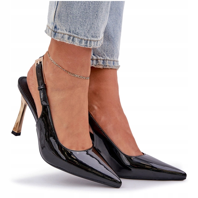 Lakované Lodičky S Odkrytou Patou, Špičaté Špičky, Eko Kůže, Černé 37