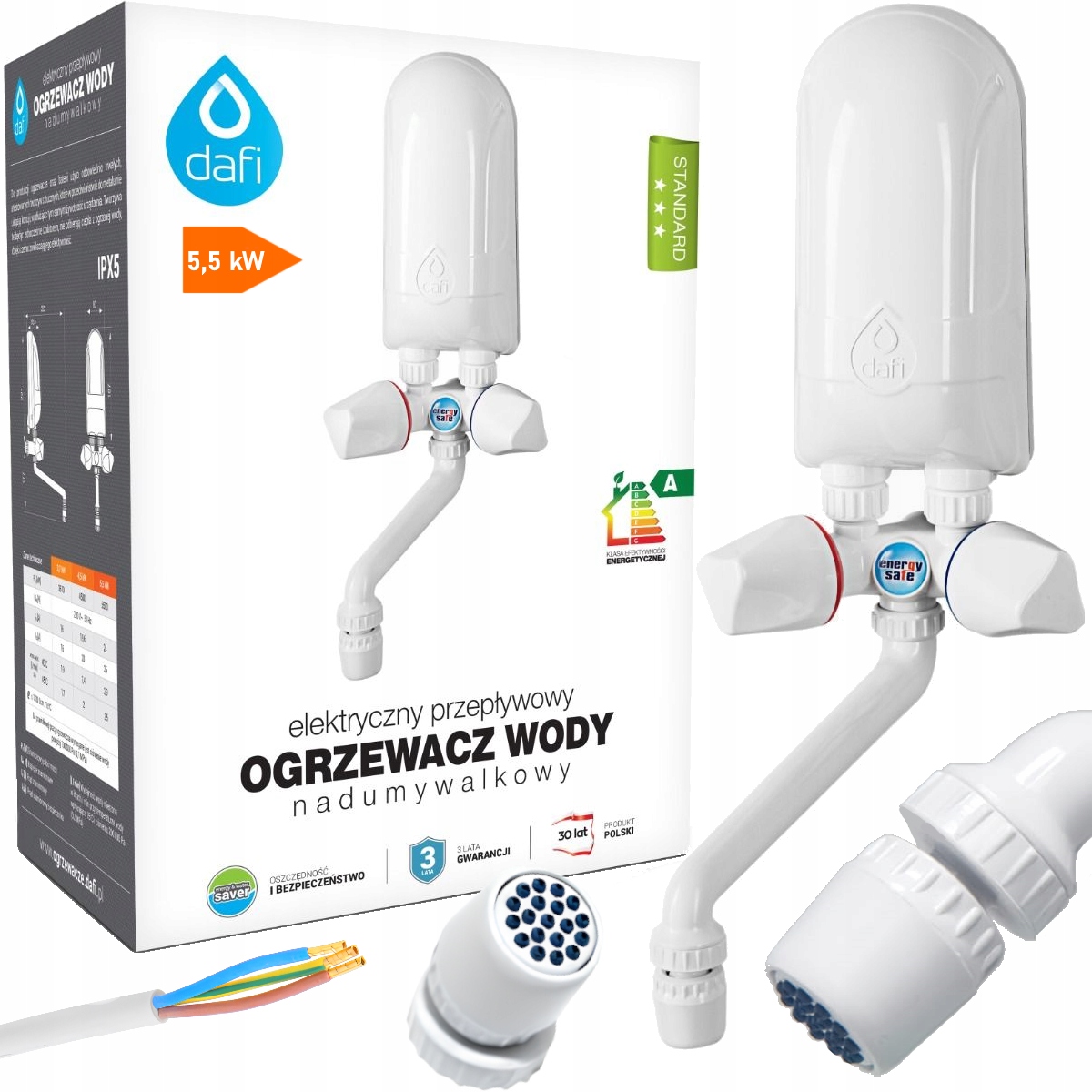 Dafi výkonný průtokový ohřívač vody 5,5 kW s bílou baterií