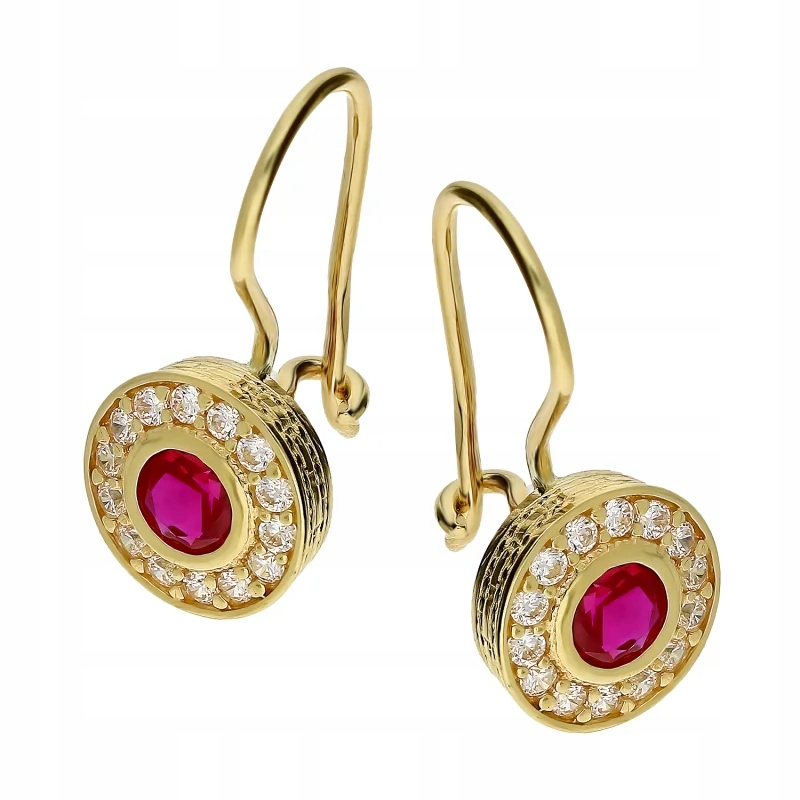 Ženě zlaté náušnice 585 elegantní kulaté s červeným zirkonem 1.8 g