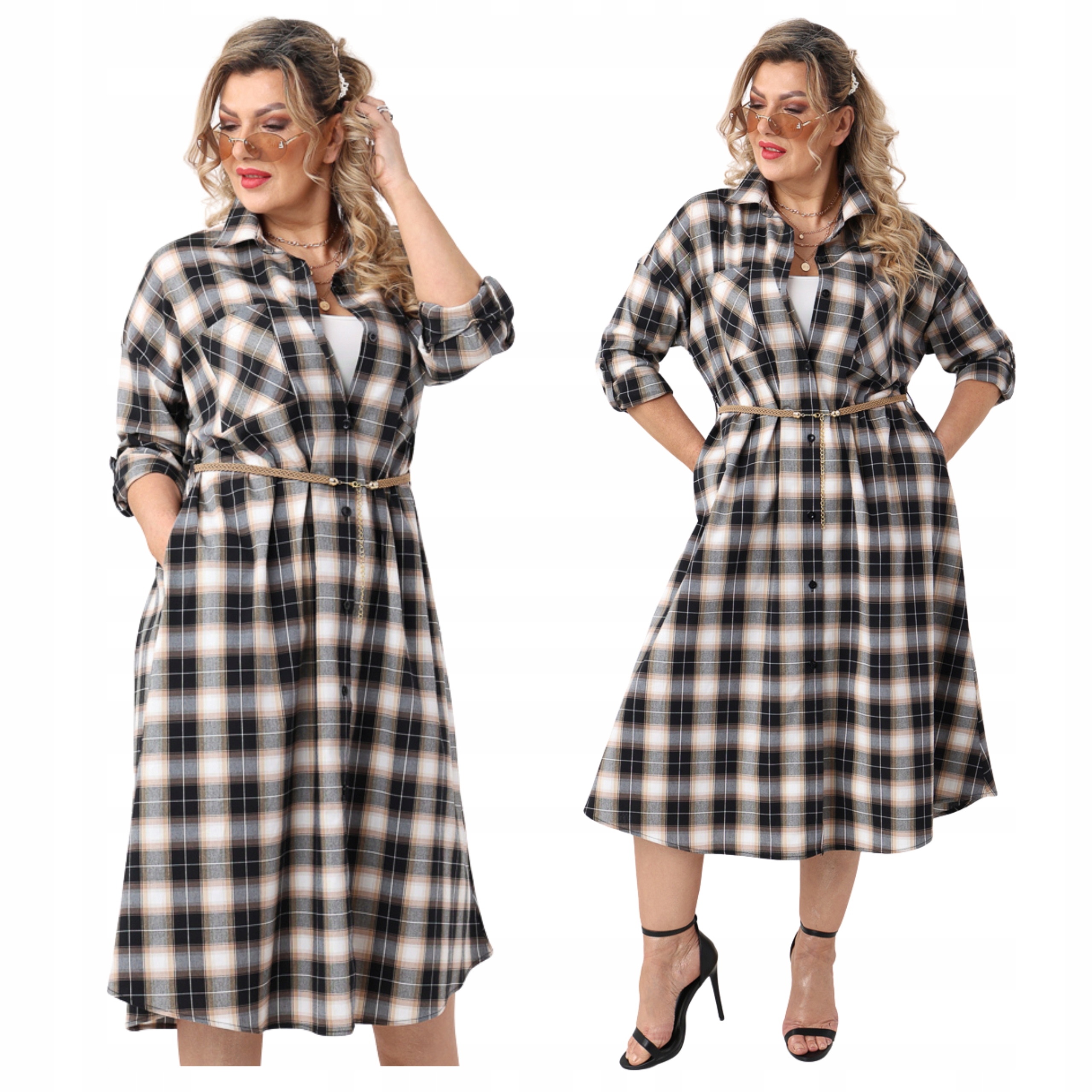 Sukienka Koszulowa W Kratę Na Guziki MIDI Duże Rozmiary Z Paskiem Luźna