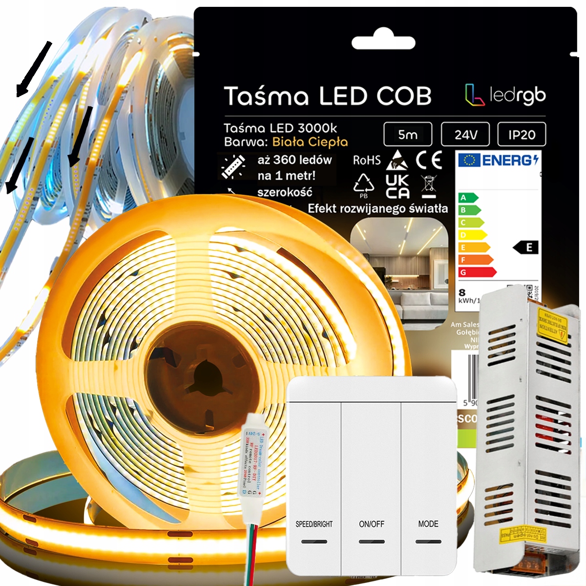 Set Led Pásek Cob 5 m Bílý Teplý 3000K Digitální Vypínač Tekoucí Vlna