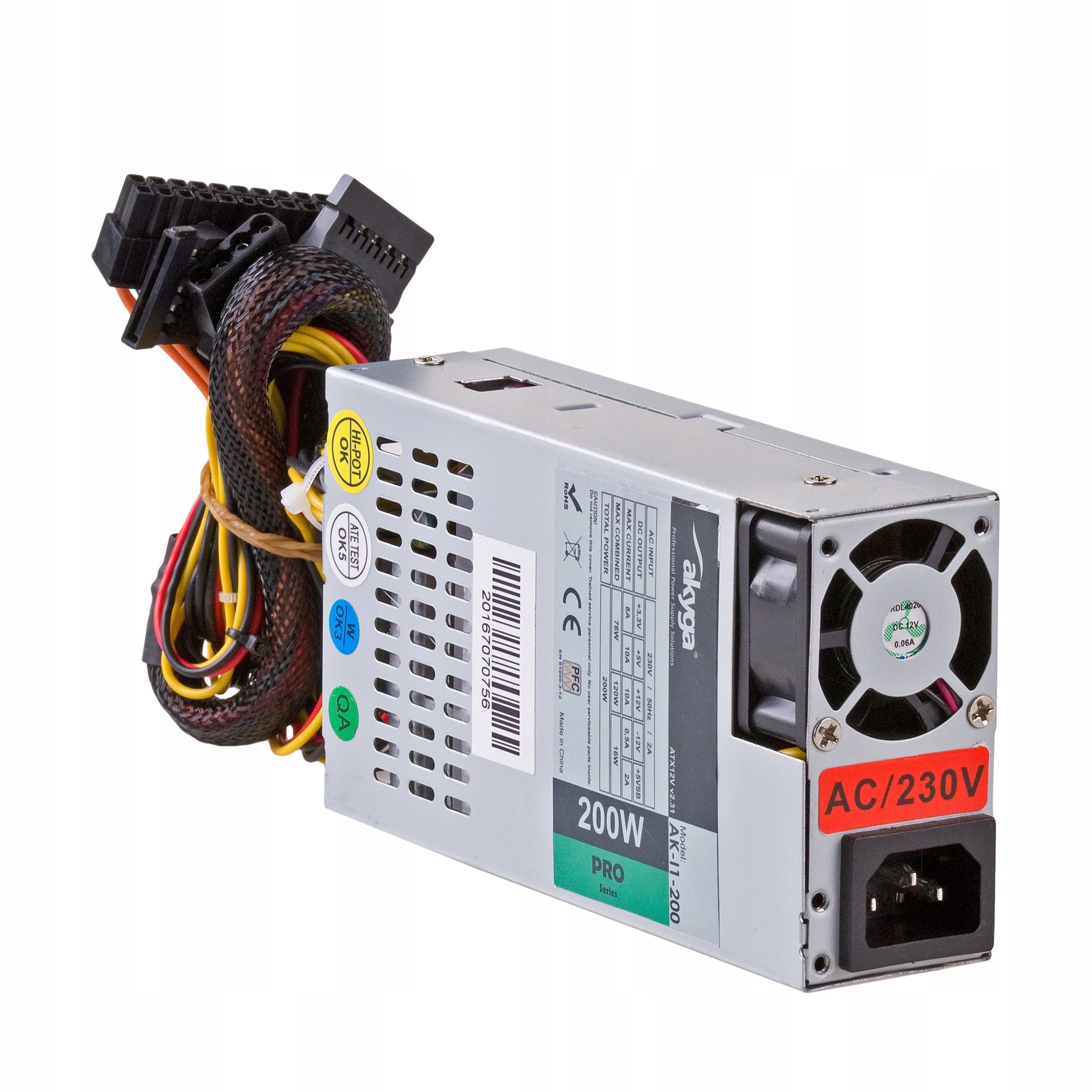 Akyga Napájecí zdroj Mini-ITX 1U 200W Flex Atx Ppfc P4 2x Sata 2x Molex Fan 4 cm