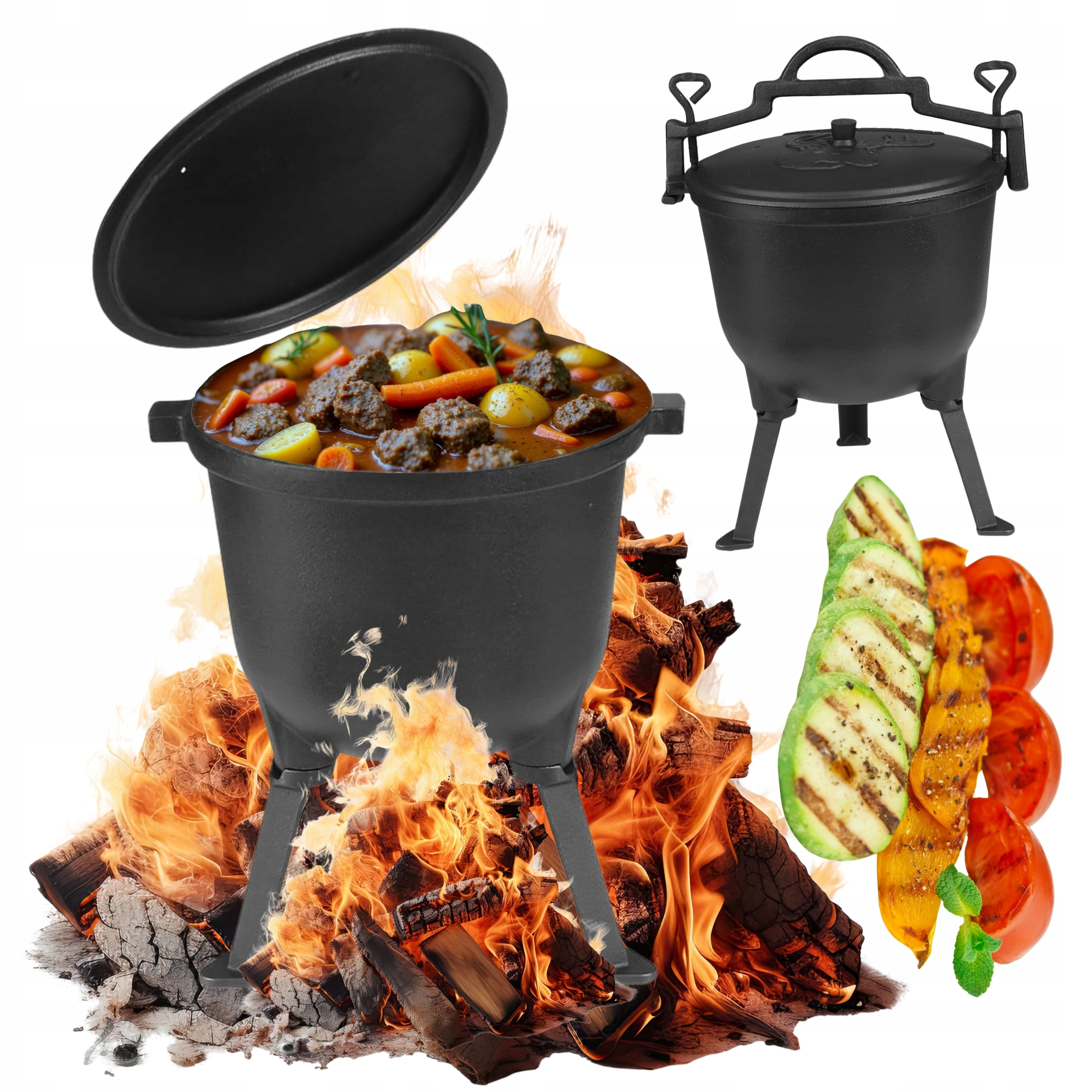 Litinový Kotlík lovecký stojící Hrnec na oheň gril až 16 l