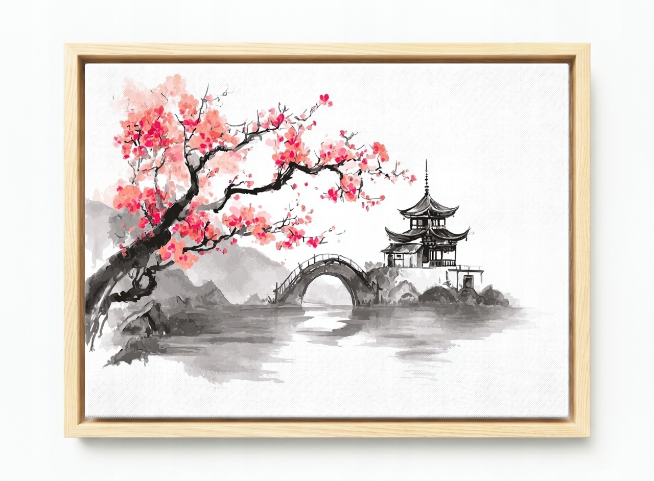 Obraz Rám Americký Box Asie Čína Pagoda Most Dřevo Višeň Sakura 60x40