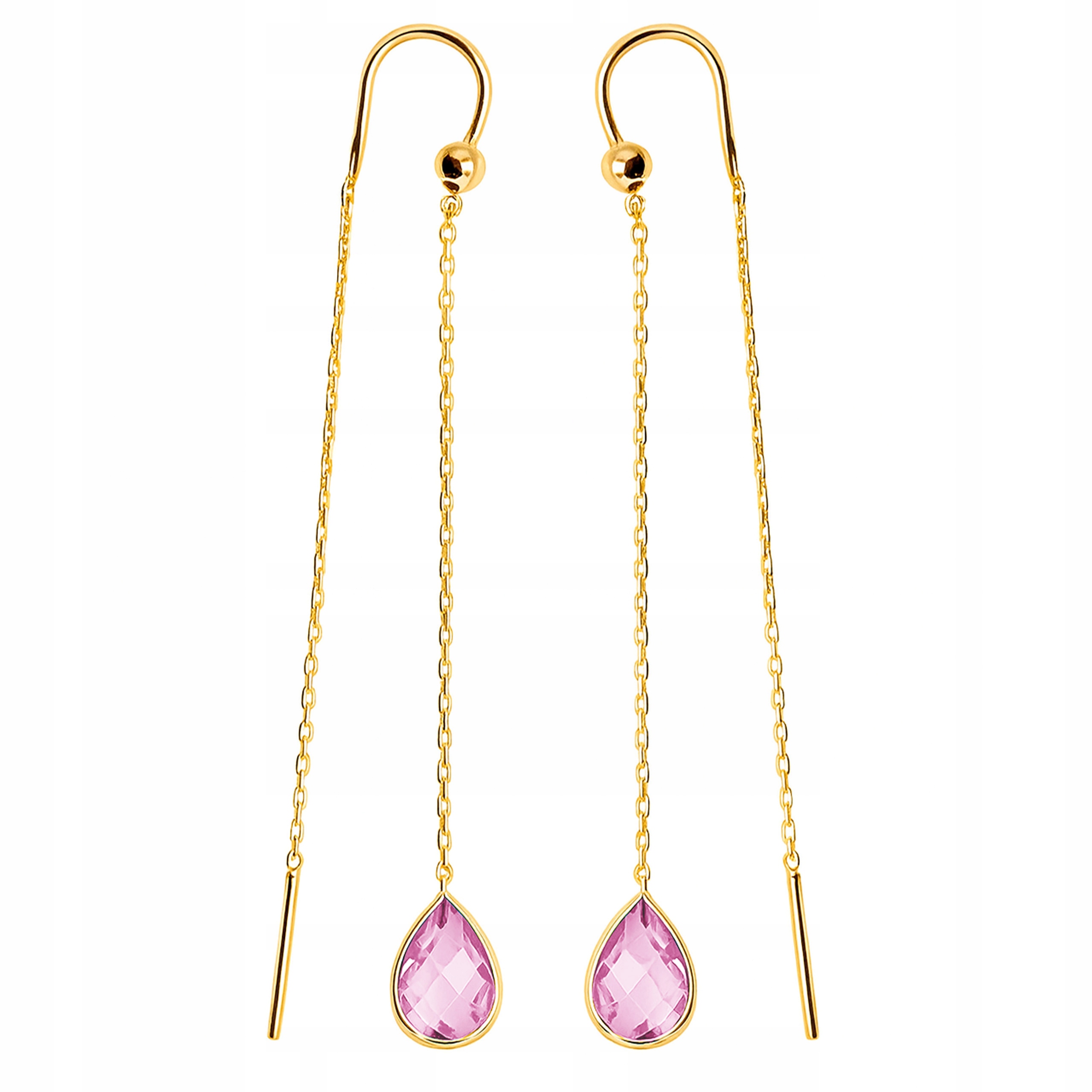 Dlouhé zlaté náušnice 585 se slzičkami a růžovými zirkony jako dárek