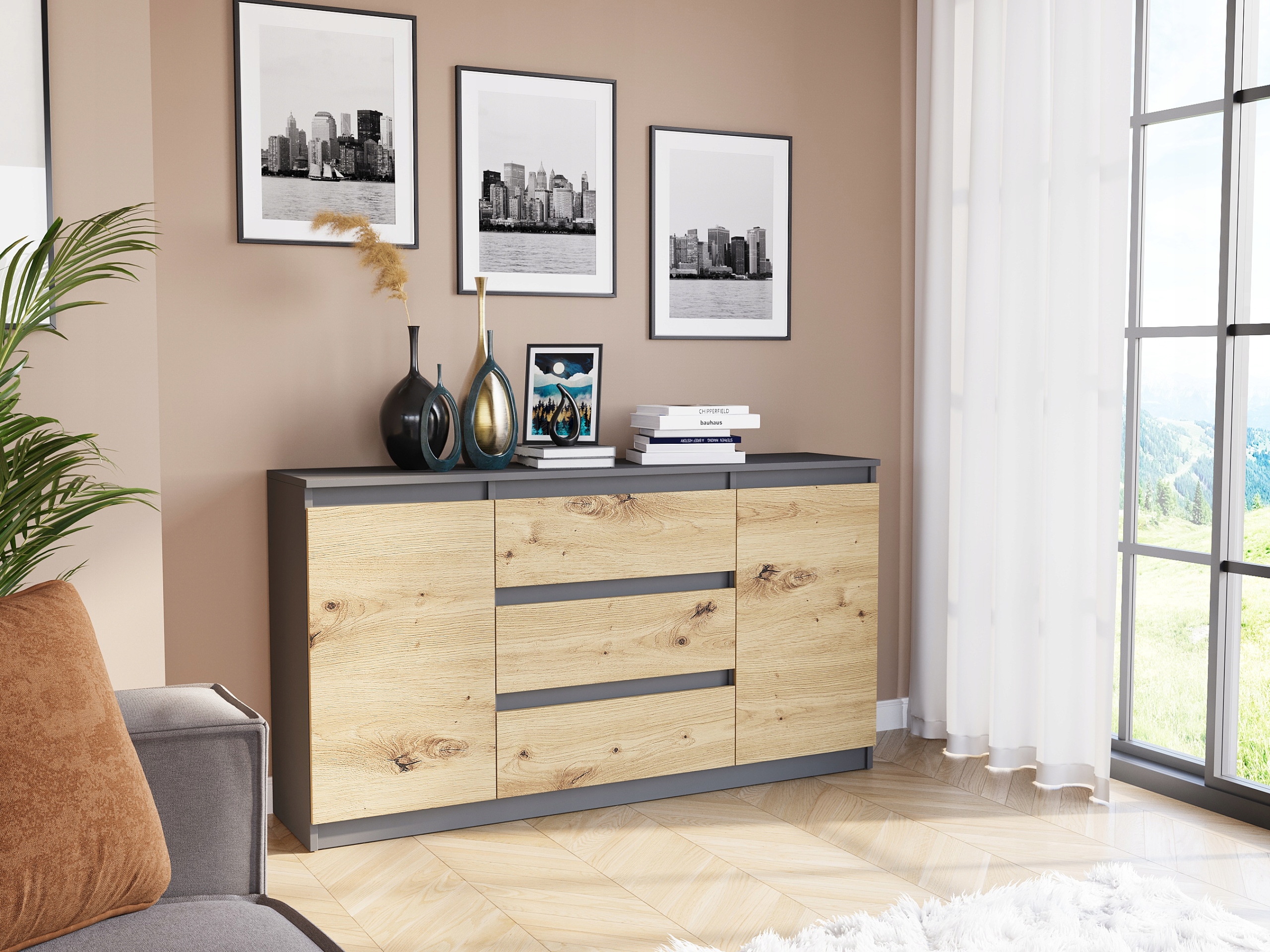 KOMODA 140 SZAFKA 3 SZUFLADY 2 PÓŁKI R-140-S3 ANTRACYT MIX ARTISAN