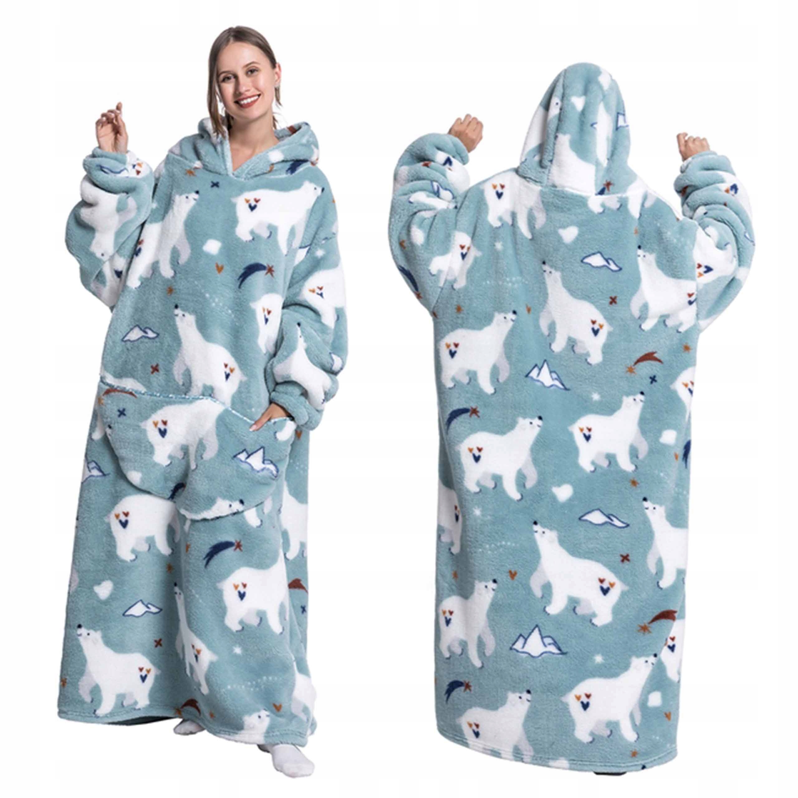 Długa Bluza Do Kostek Z Kapturem Na Jesień Ciepła Kocobluza Koc Z Rękawami