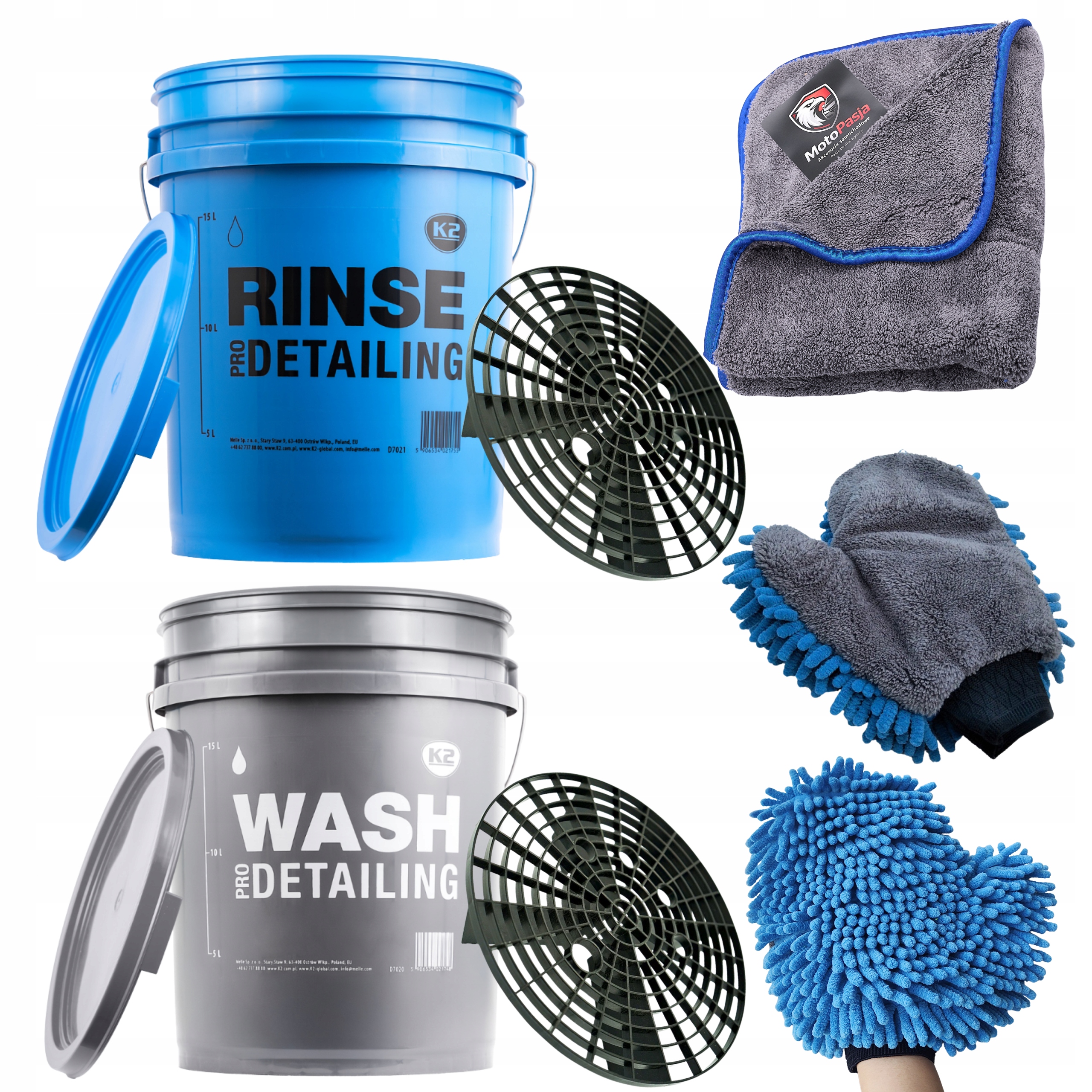 2x Detailingové vědro K2 Separátor MotoPasja Rukavice Ručník na mytí aut