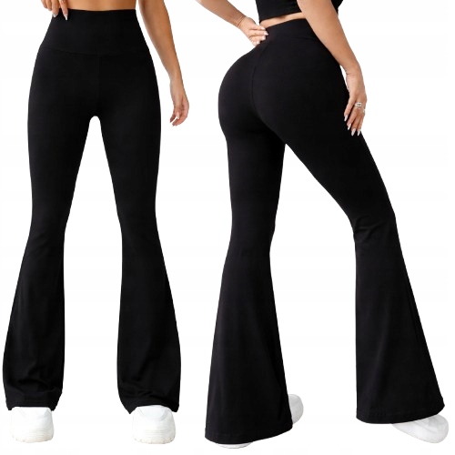 SPODNIE LEGGINSY DZWONY GŁADKIE CZARNE WYSOKI STAN