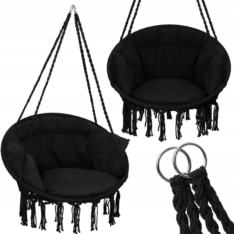FOTEL WISZĄCY HUŚTAWKA OGRODOWA BOCIANIE GNIAZDO Z PODUSZKAMI CZARNY Kolor czarny