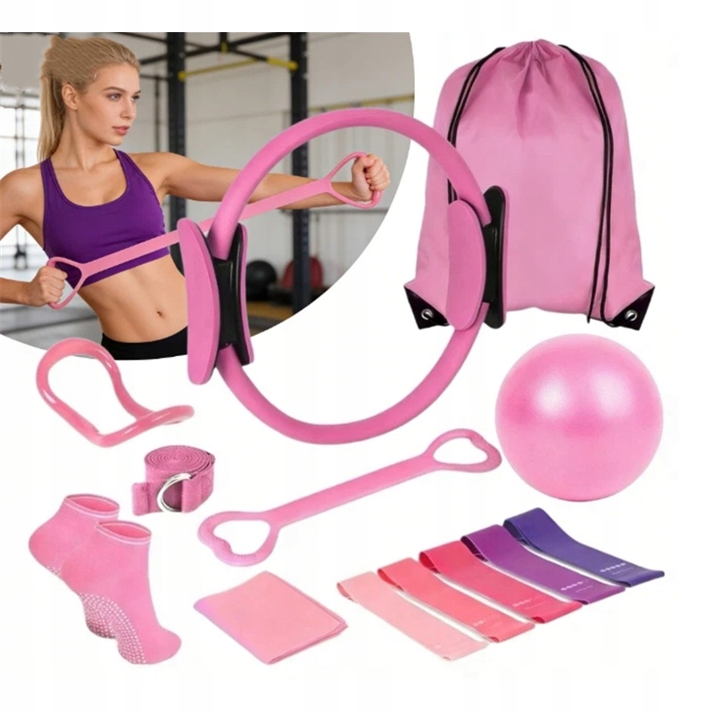 Sada na protahování ramene a nohy – 14 kroužků Pilates pásek, růžová