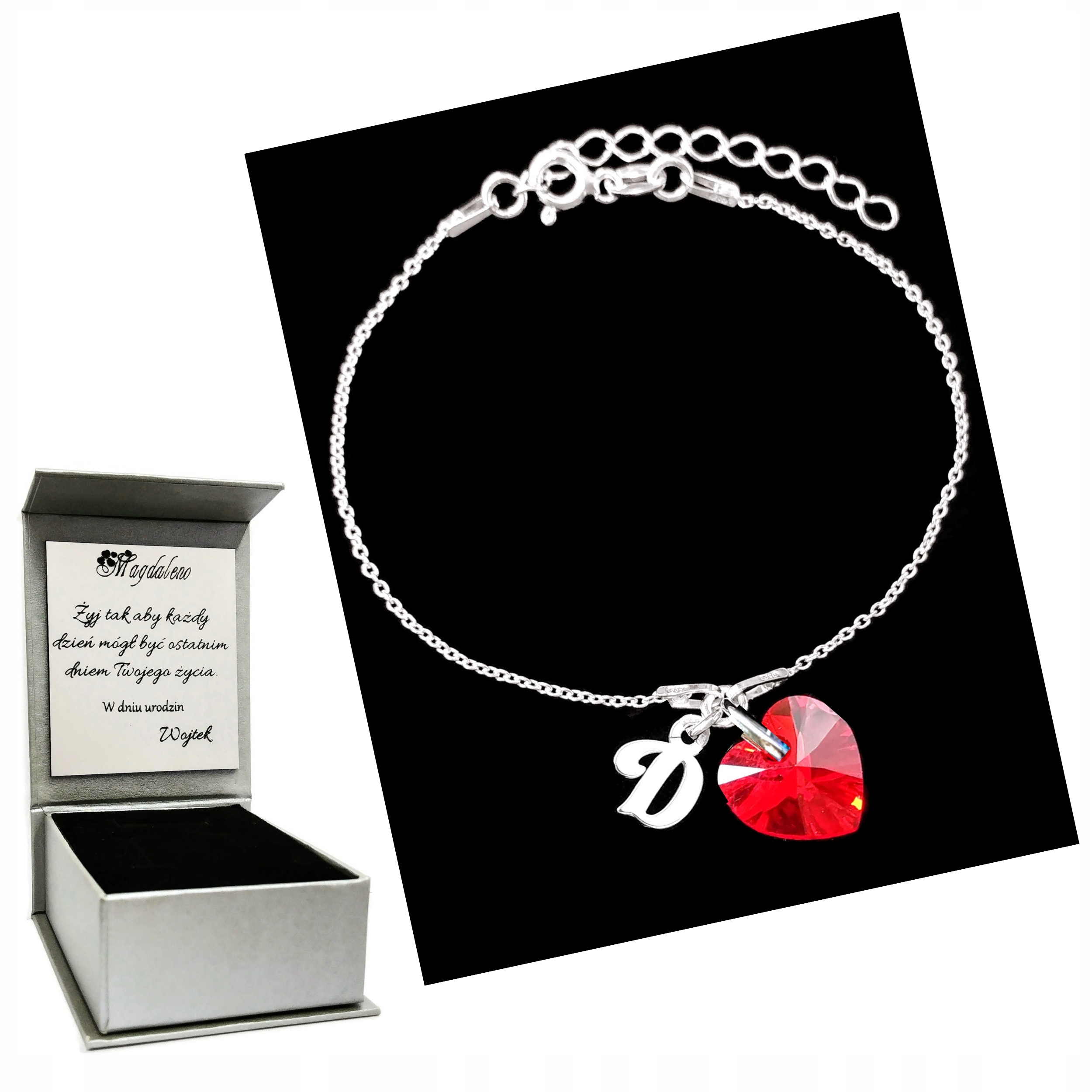 

Bransoletka Litera D Serce Swarovski Grawer Srebro