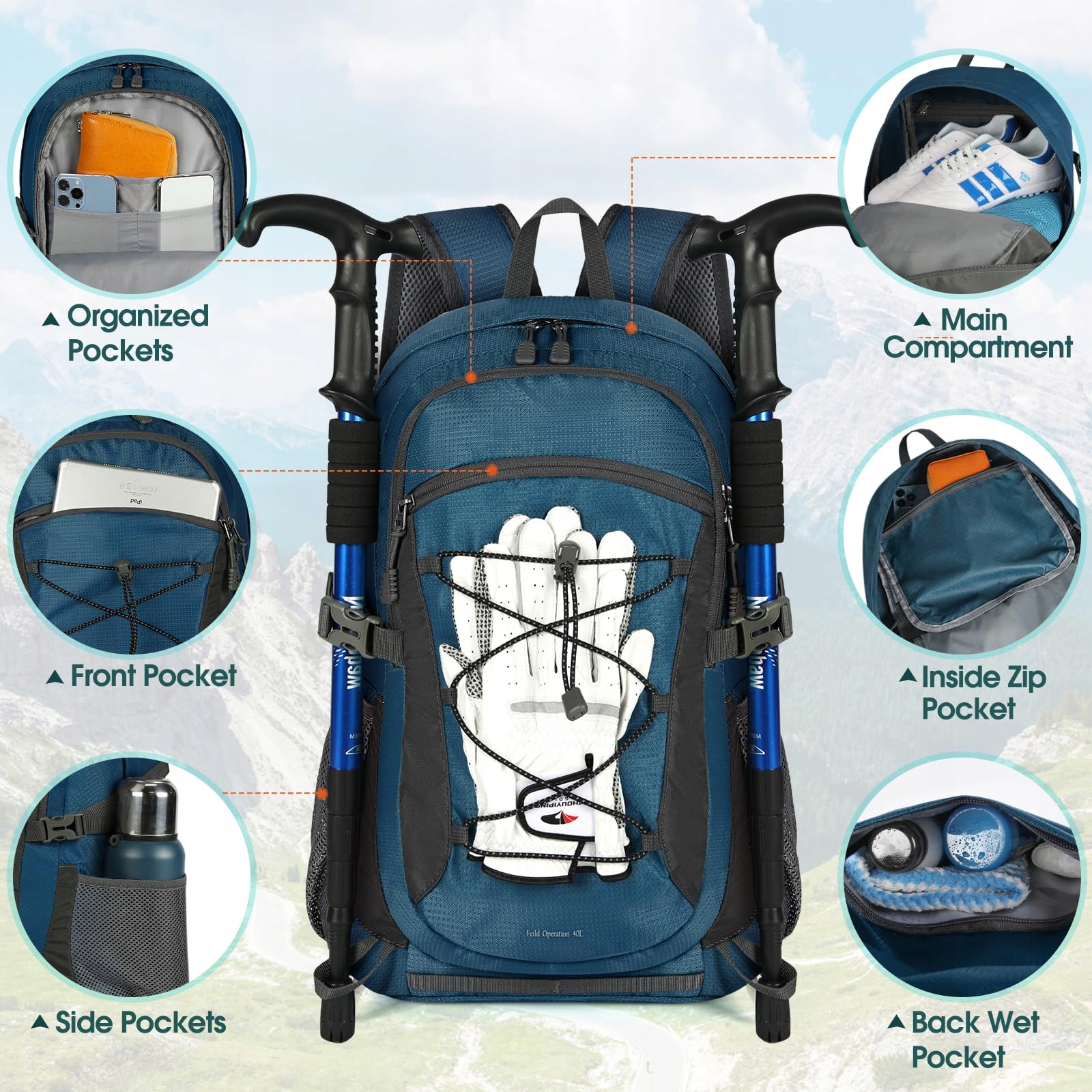 RAINSMORE 40L Wodoodporny Plecak Turystyczny Niebieski — miniatura 3
