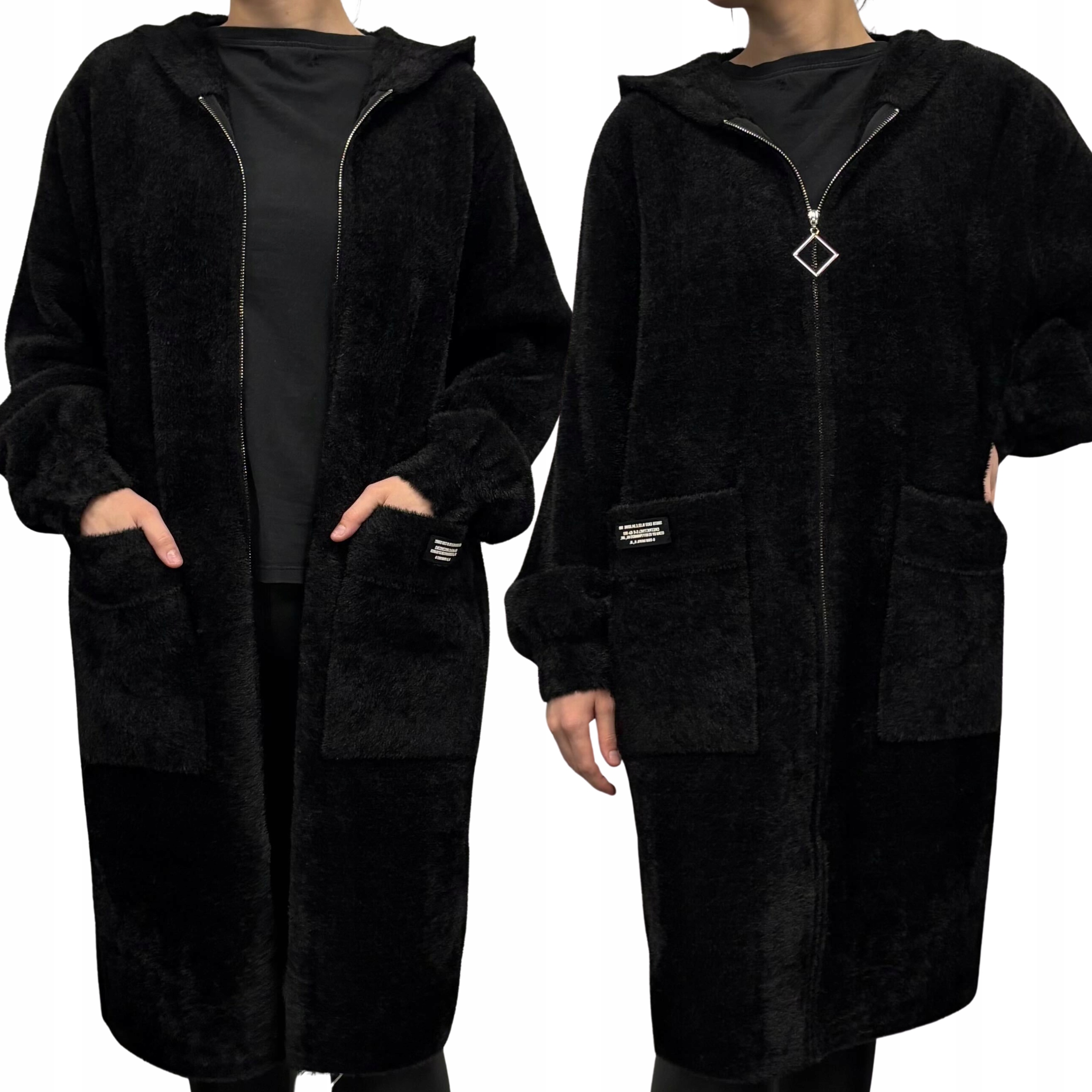 Alpaka Damska Płaszcz Kurtka Sweter Ciepła Długa Kaptur Suwak Czarna 2186