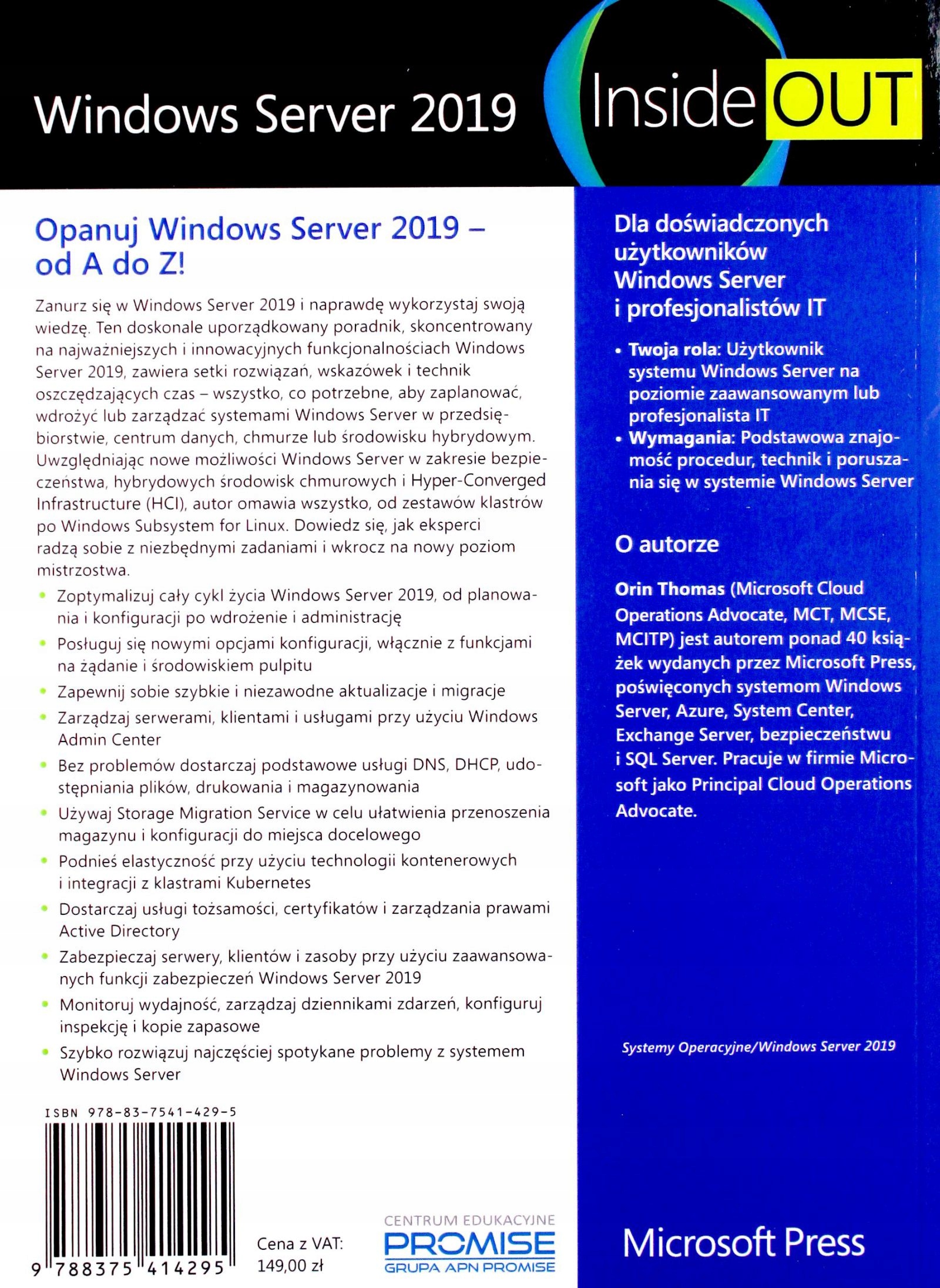 WINDOWS SERVER 2019 INSIDE OUT - Thomas Orin [KSIĄŻKA] Stan opakowania oryginalne