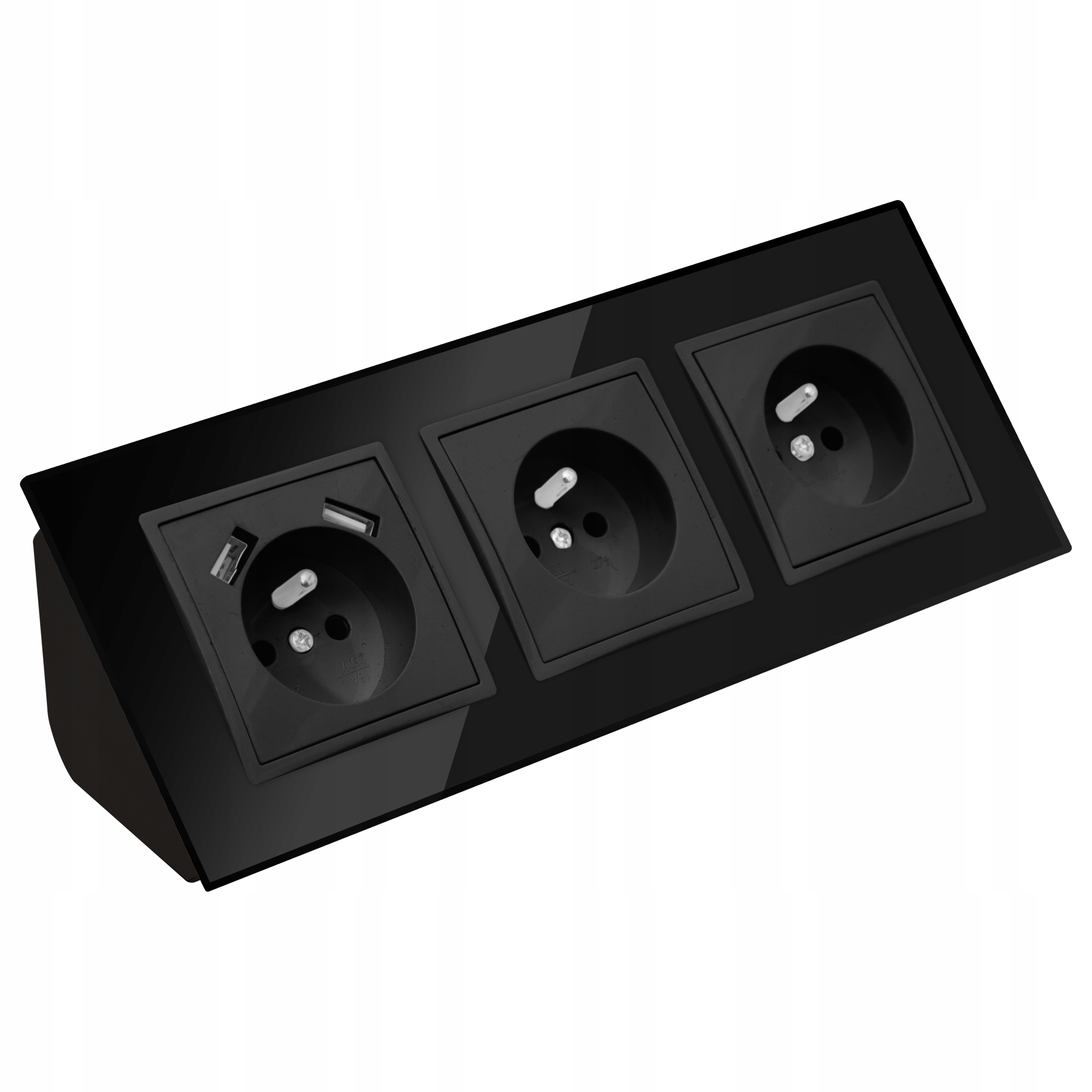 Gniazdo Potrójne Szklane Meblowe Narożne USBX2 Biurkowe Czarne Mat Listwa