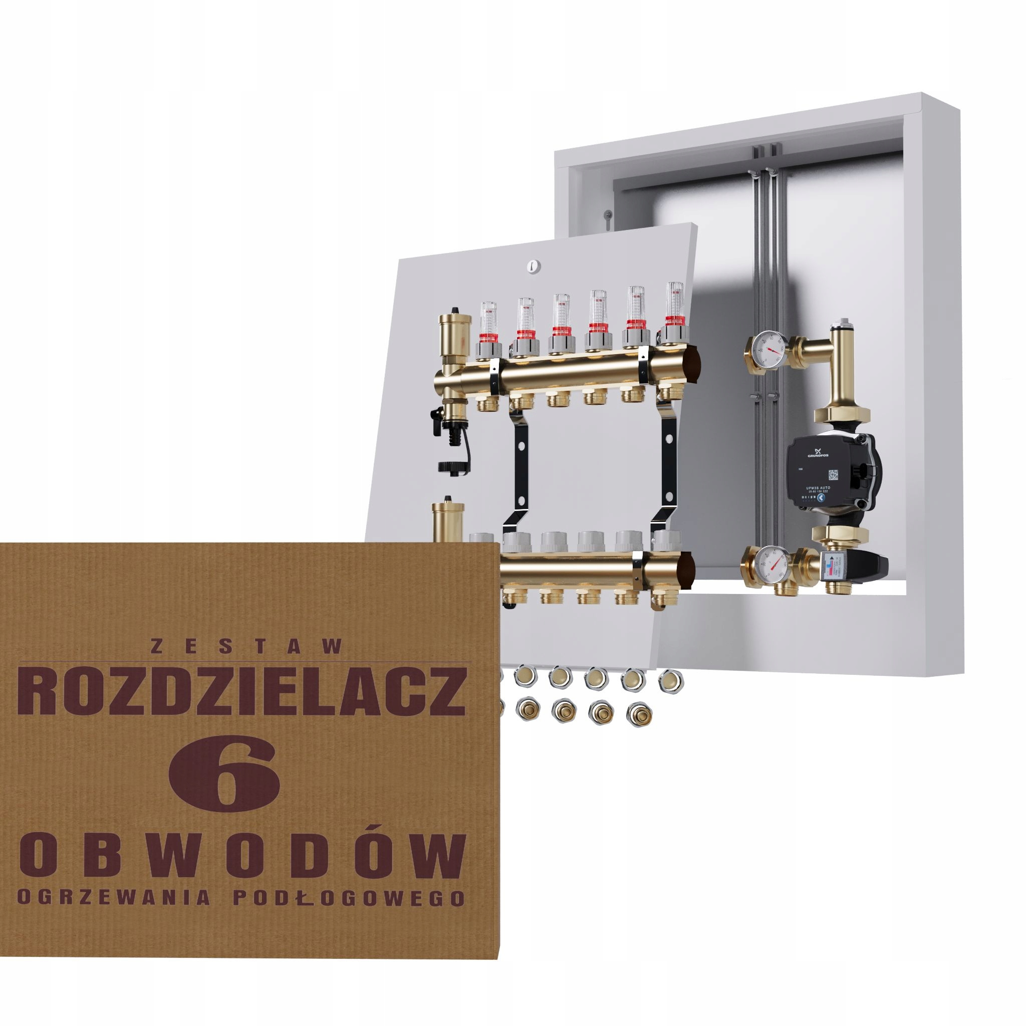 Rozdělovač pro podlahu 6 sekcí s čerpadlem GRUNDFOS+nástěnná skříňka+PEX