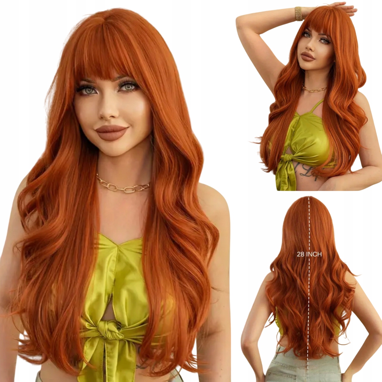 Peruka damska ruda fale z grzywką Długie włosy jak naturalne Czepek