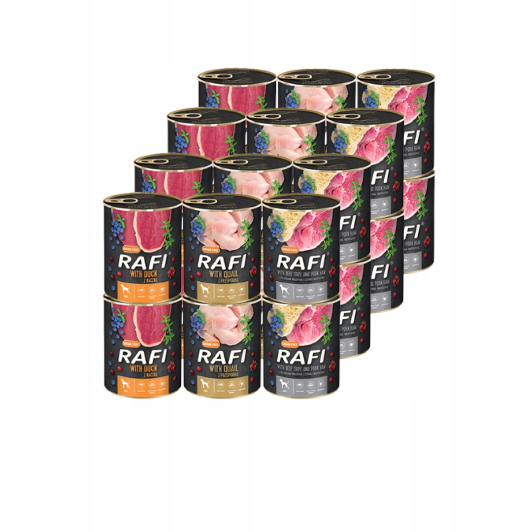 Rafi Vlhké Krmivo pro psa 3 příchutě 24x400g Kachna Křepelka Hovězí Žaludky