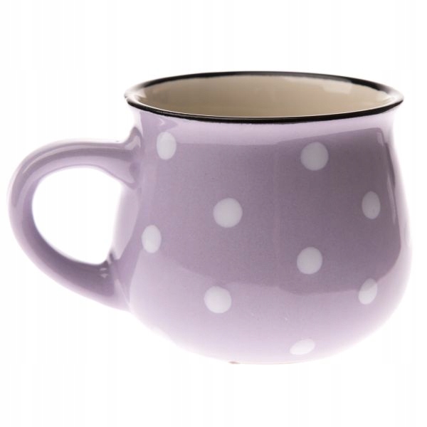

Kubek beczułka fioletowy w białe kropki baniasty