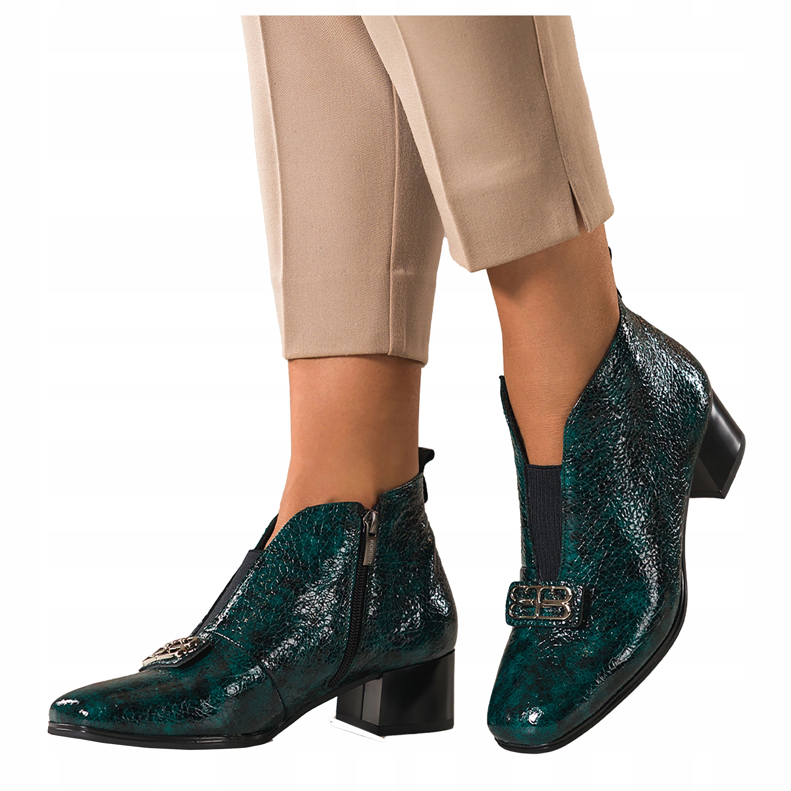 Kotníkové Boty Zelené Kožené Dámské Lakované Pohodlné Vzor Hadí Ozdoba r 37