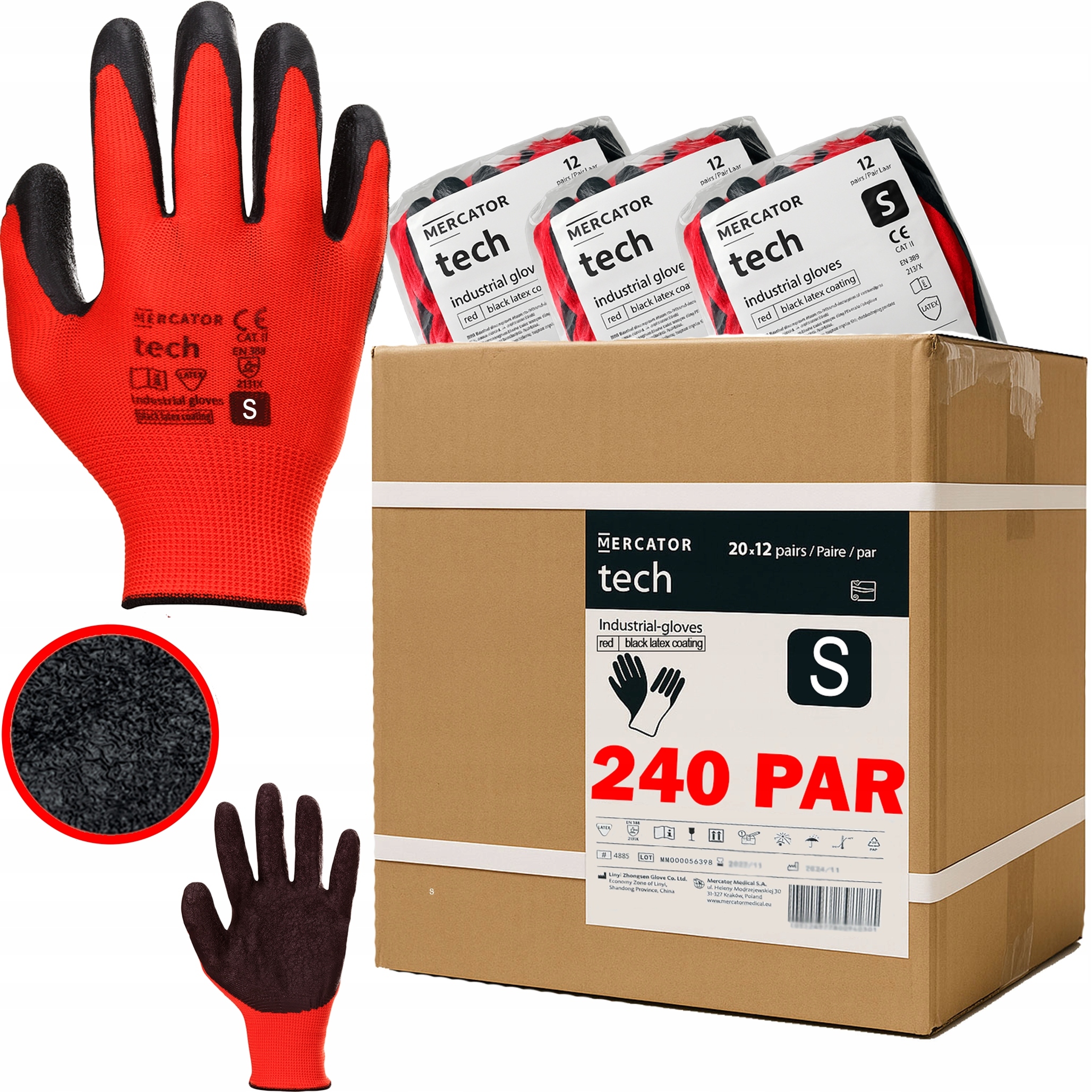 Pracovné rukavice Mercator Tech Red+Black Latex S 240 párov