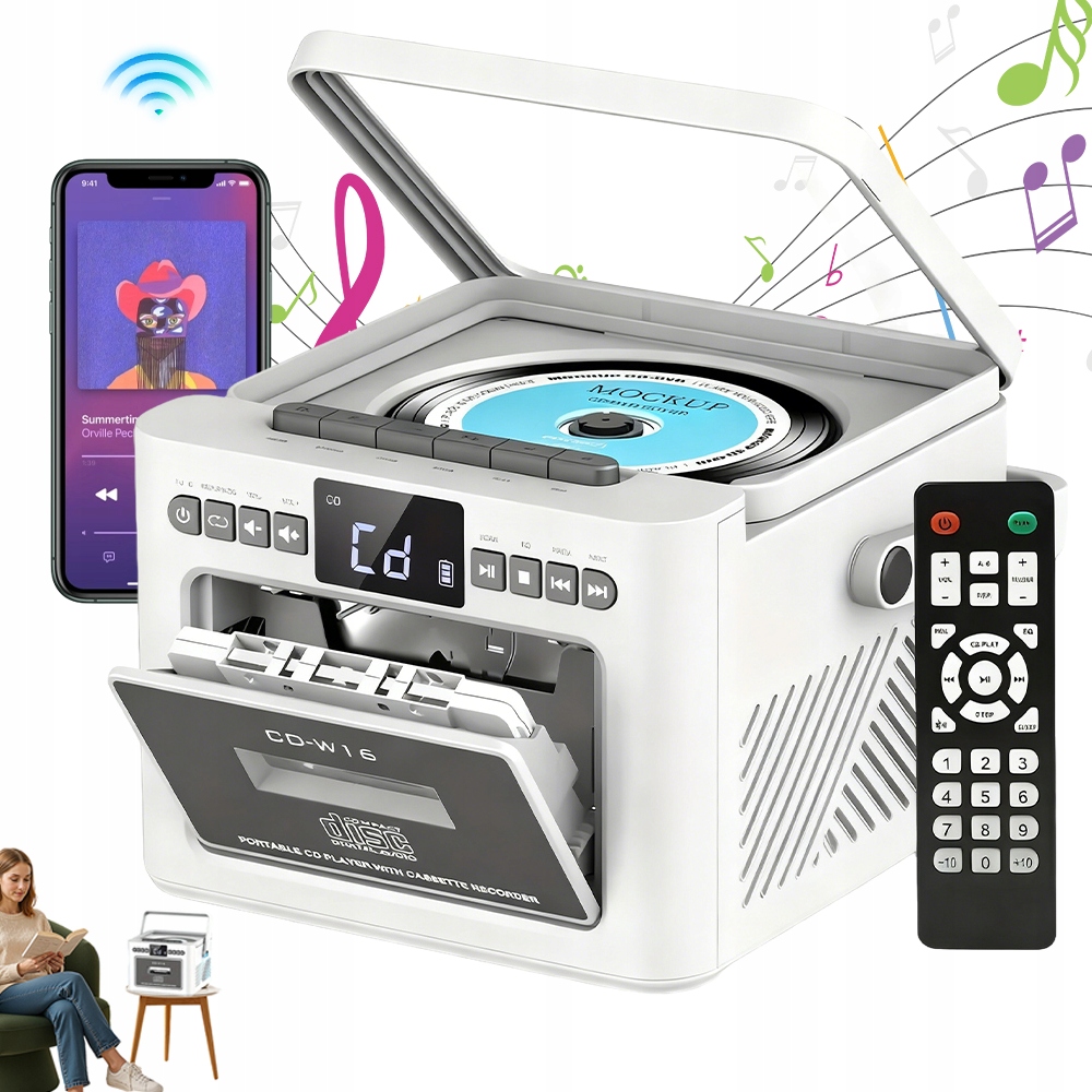 Odtwarzacz CD Bluetooth Radio Fm Kasety Magnetofon Usb Sd Karta Pilot Led