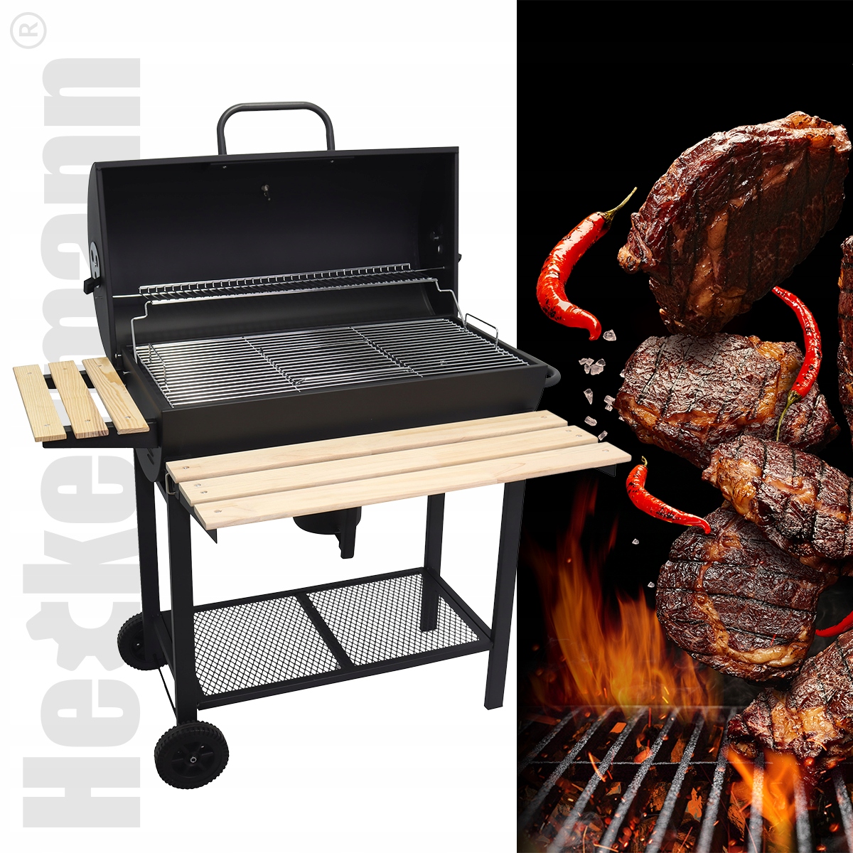 GRILL WĘGLOWY OGRODOWY 2 RUSZTY CHROMOWANE 2 PÓŁKI POPIELNIK TERMOMETR STAL Szerokość rusztu 37 cm
