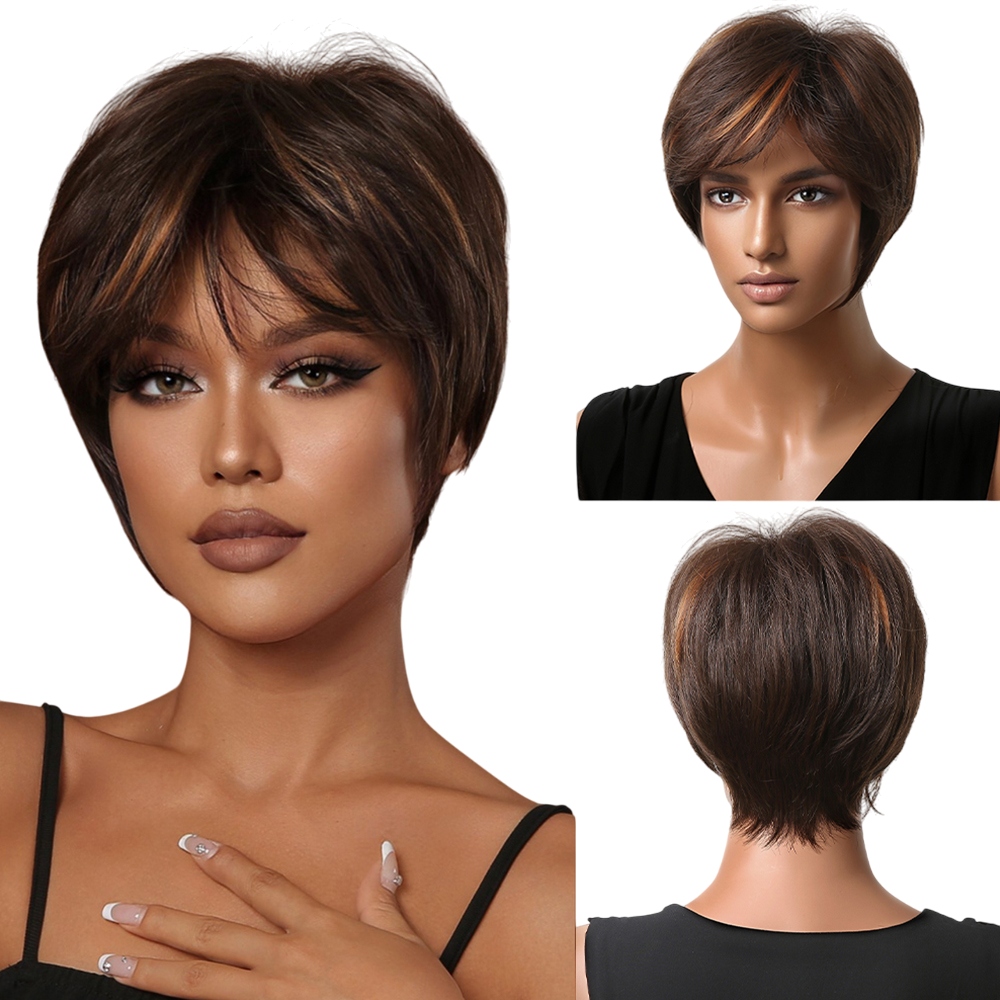 Peruka krótka ciemny brąz pixie peruki damskie włosy jak naturalne +czepek