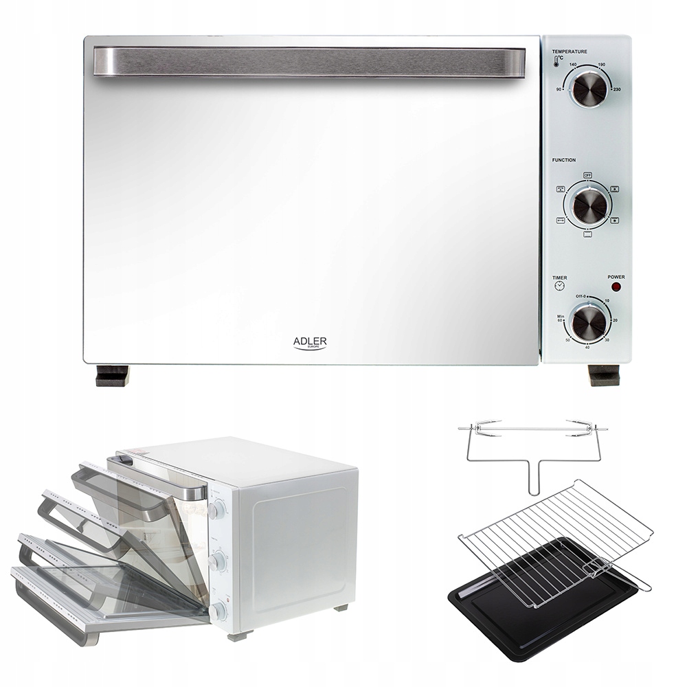 Mini Piekarnik Elektryczny 48L Rożno Termoobieg Ruszt Rożen Biały