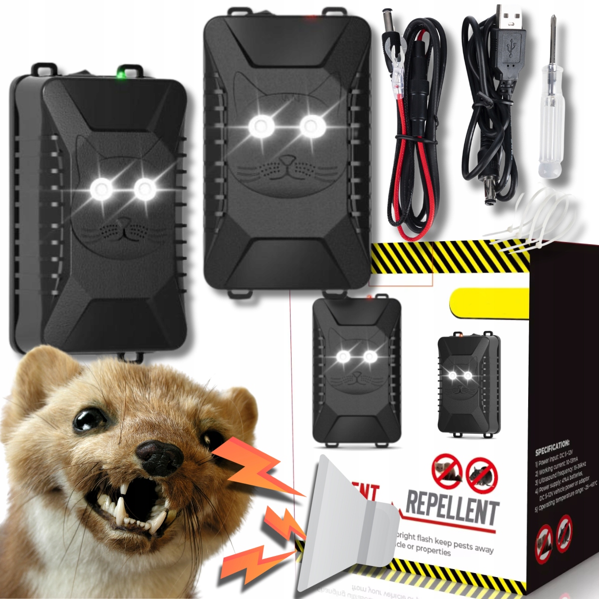 Samochodowy Odstraszacz na Kuny do Auta ultradzwiekowy na baterie Kun 6w1