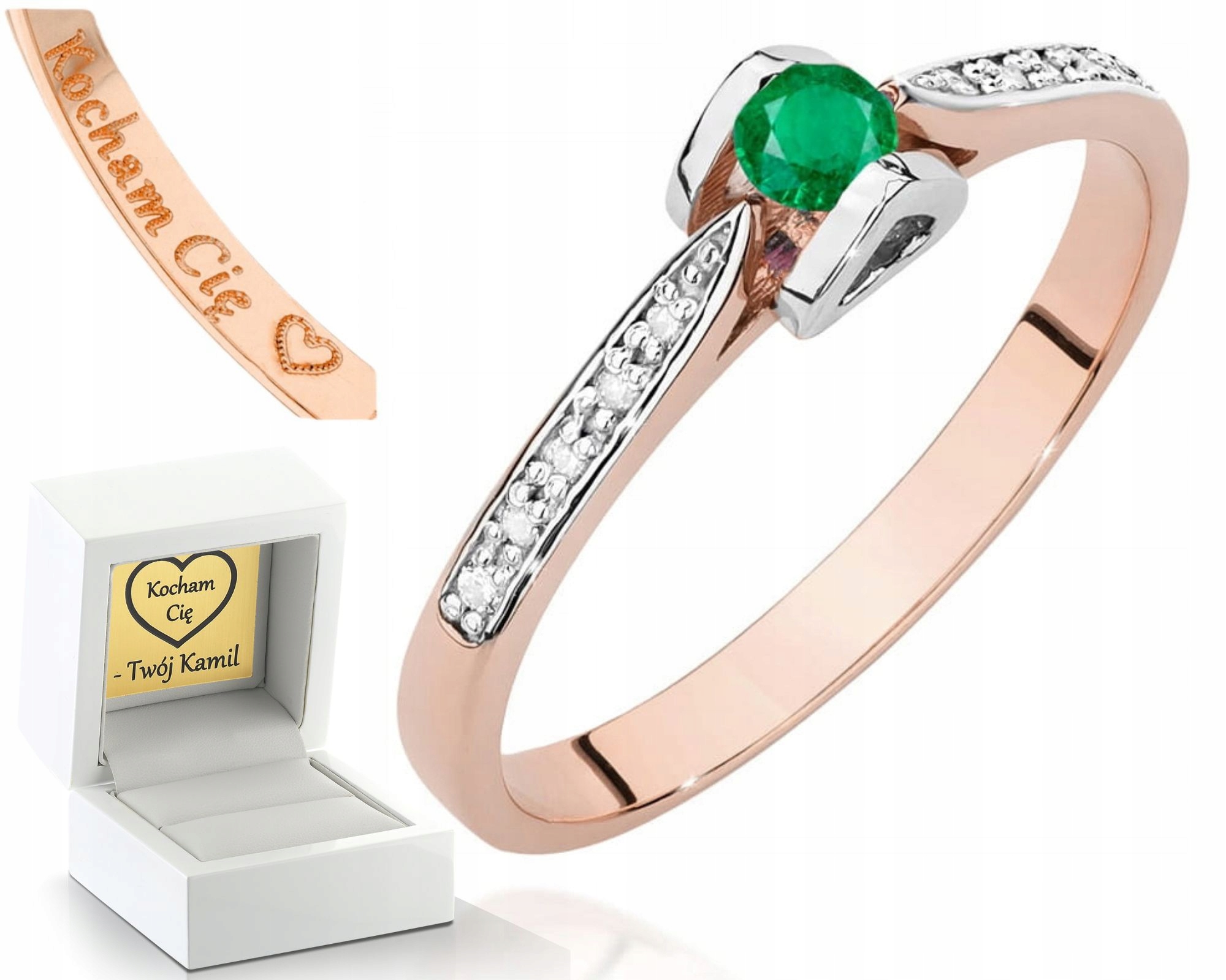 Prstýnek Z Růžového Zlata S Diamanty A Smaragdem, Zlato 585 14K