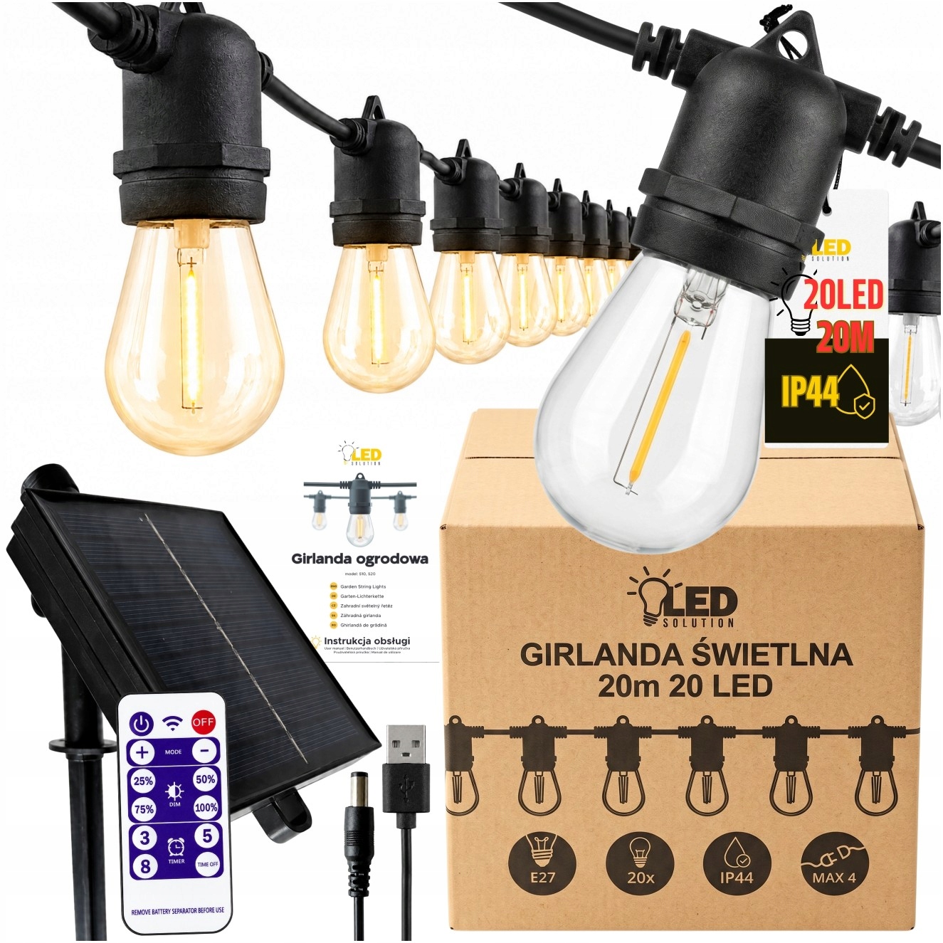 Girlanda Ogrodowa Solarna Led Lampki Zewnętrzne 20M Tarasowe Balkon 20 Lamp