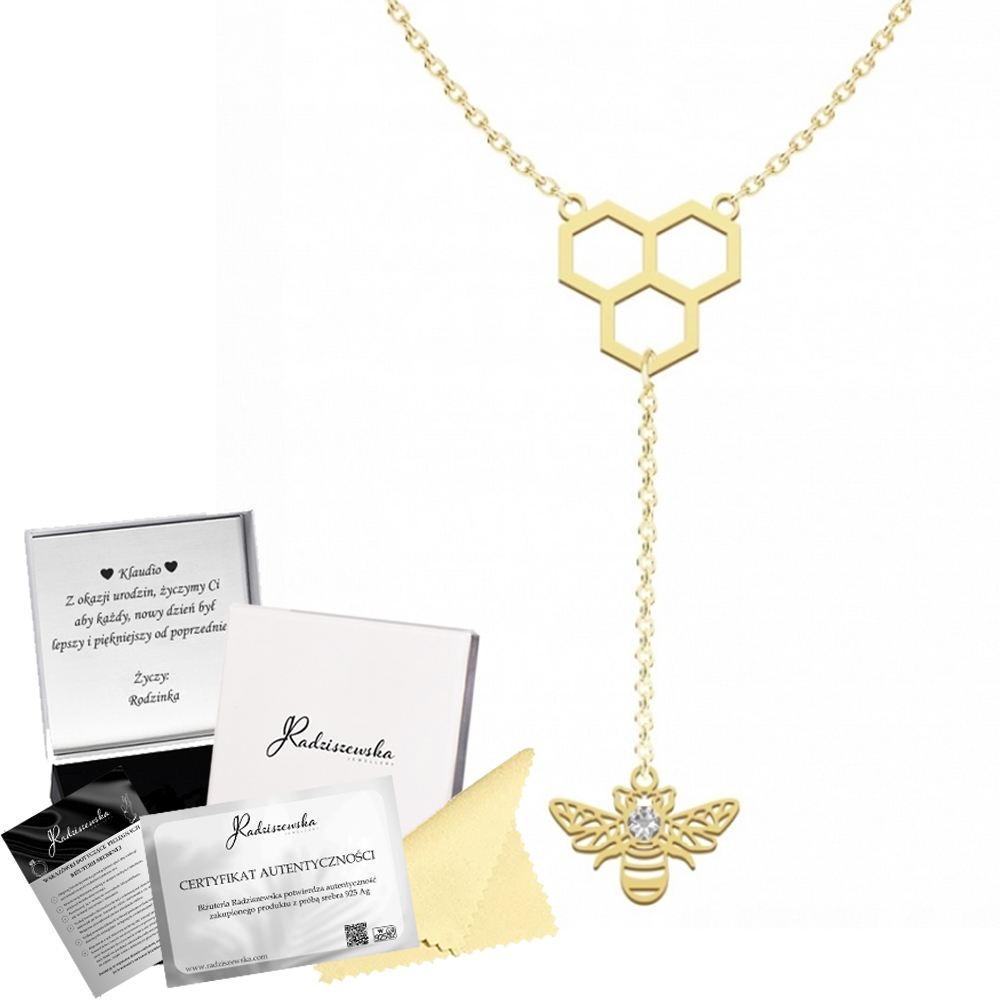 Zlatý Náhrdelník s Včelou a Plástem Medu Kravata 925 Řetízek Dedikace
