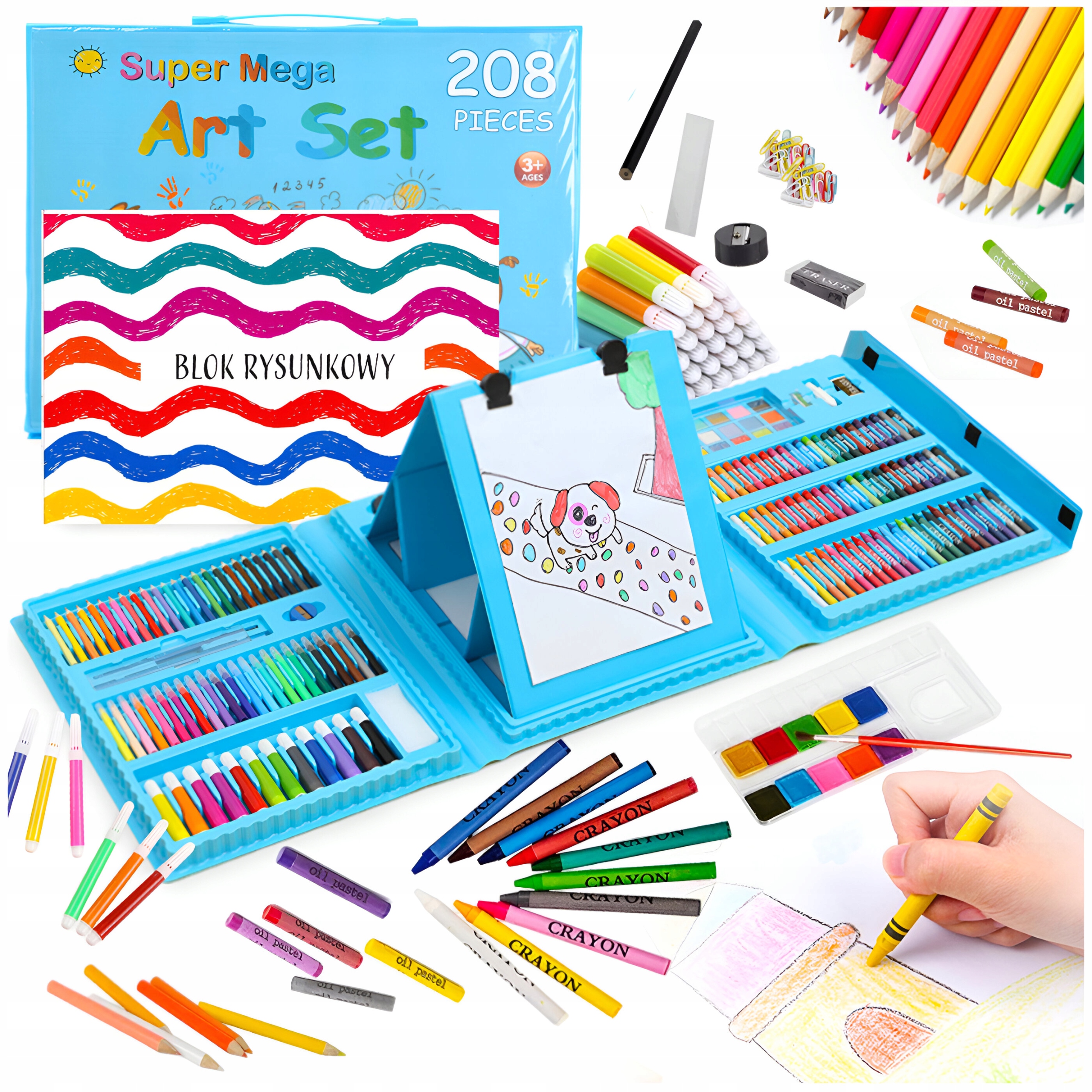 ZESTAW ARTYSTYCZNY DO MALOWANIA RYSOWANIA DLA DZIECI 208EL ETUI NIEBIESKI