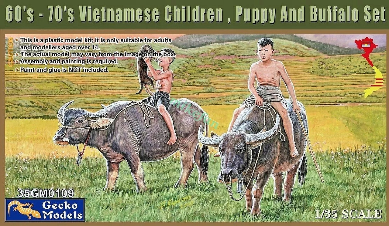 Gecko Models 35GM0109 Vietnamští chlapci a děvčata ze 60. a 70. let, štěně a buvol sada