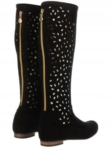 Kozaki damskie zamszowe skórzane nubuk ażurowe czarne płaski obcas 40 Rozmiar 40