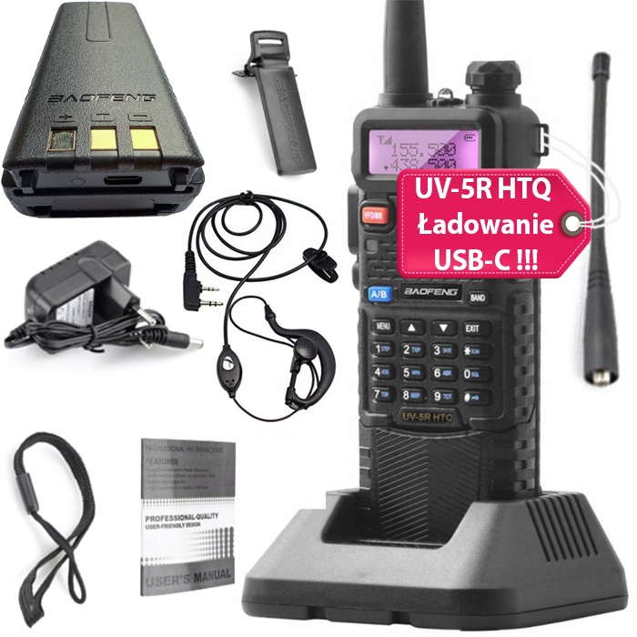 Krótkofalówka Baofeng UV-5R Htq 3800 mAh z gniazdem Usb-c Pmr Walke Talke