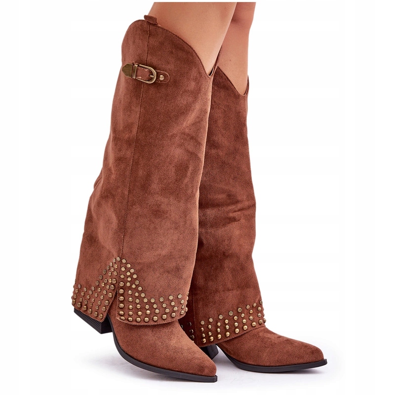 Kozačky S Vyhrnutým Svrškem S Kamínky A Zasouvací Sponou, Hnědé, Velikost 40