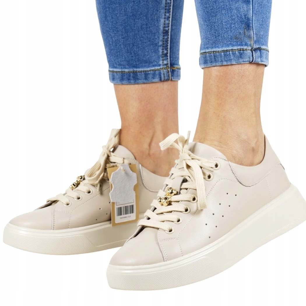 Dámské Kožené Tenisky Na Silné Podrážce, Béžová Kůže, Velikost 37