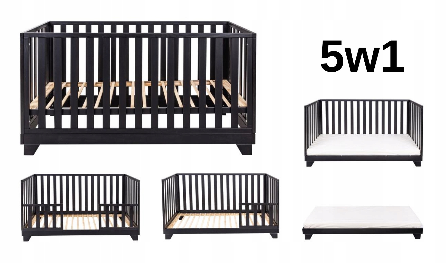 

Łóżeczko 70x140cm 5w1 czarne 0-6lat 0-30kg+materac