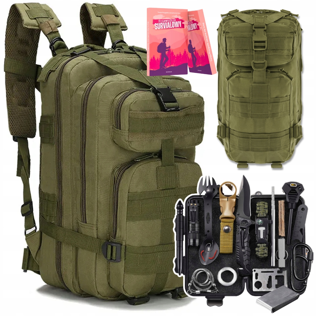 Plecak Turystyczny Wojskowy Khaki 35L Plus Zestaw Survivalowy 32w1
