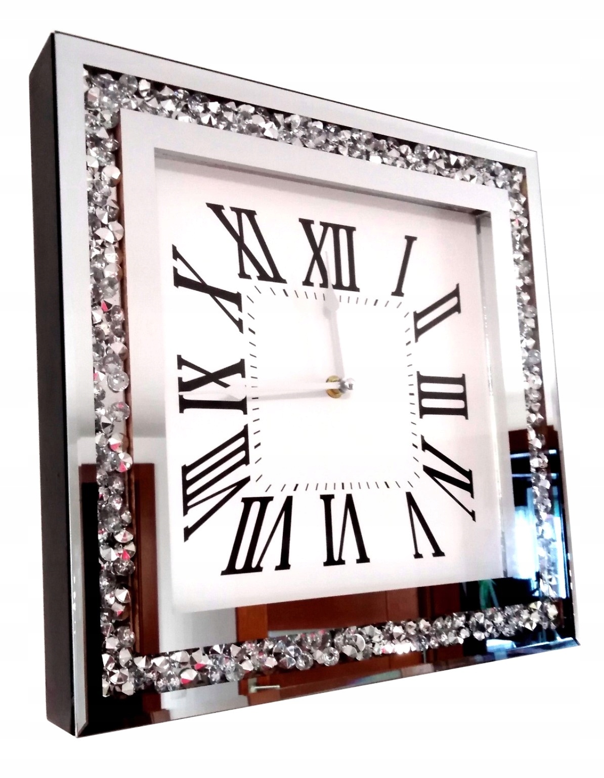 ZEGAR ŚCIENNY GLAMOUR SREBRNY KRYSZTAŁKI LUSTRO XL