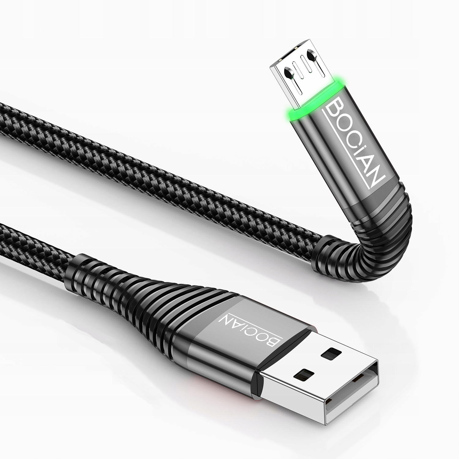 BOCIAN Szybki kabel QC USB - Micro USB 3A LED 1M Konstrukcja oplot