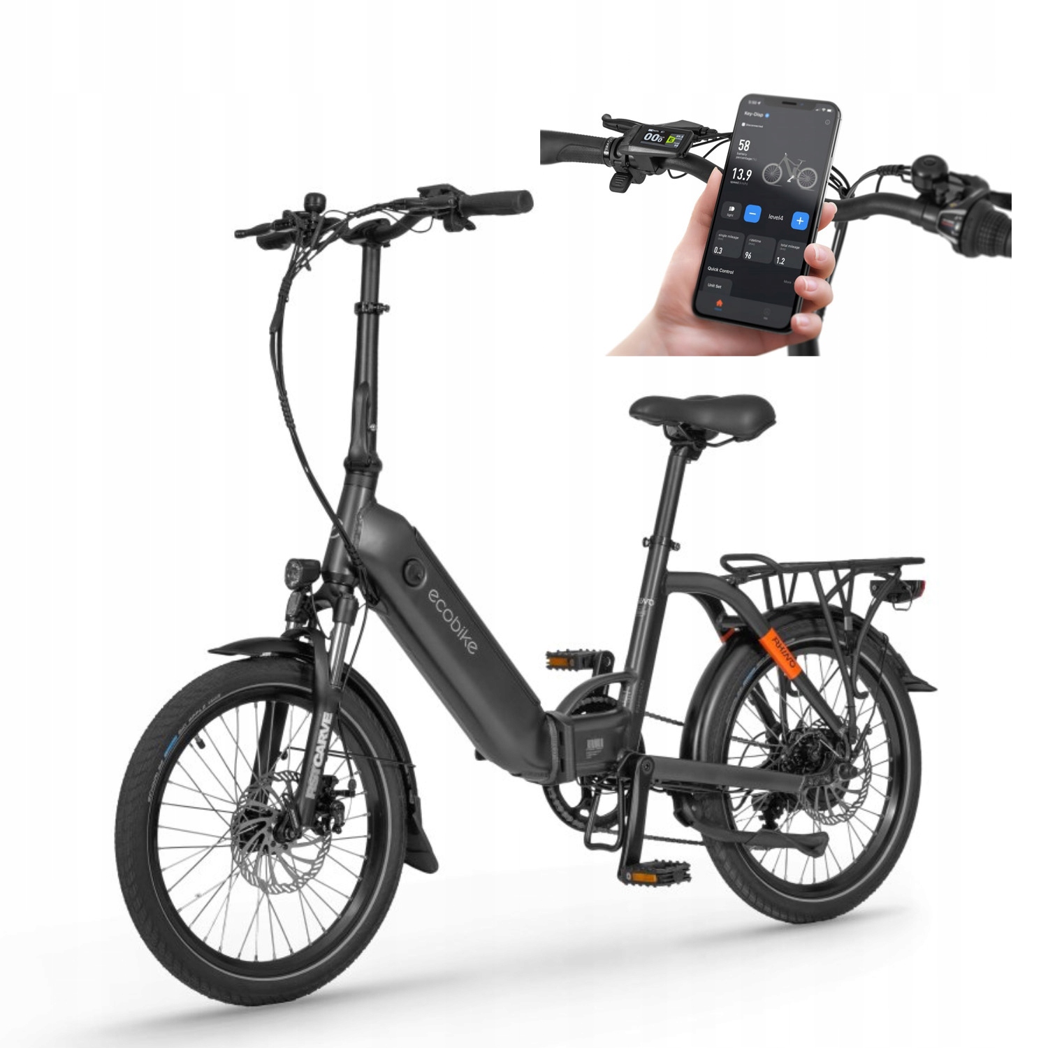 Ecobike Rhino Black 14.5Ah składany rower elektryczny z mocnym silnikiem