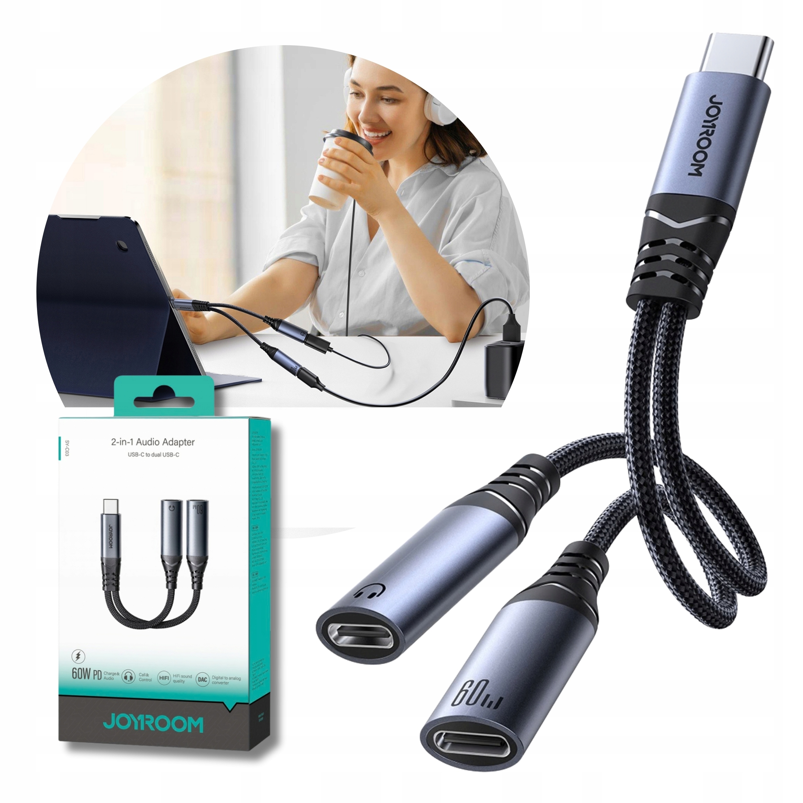 Adapter Dac Przejściówka Audio Do Słuchawek Usb C do 2xUSB-C 60W Pd