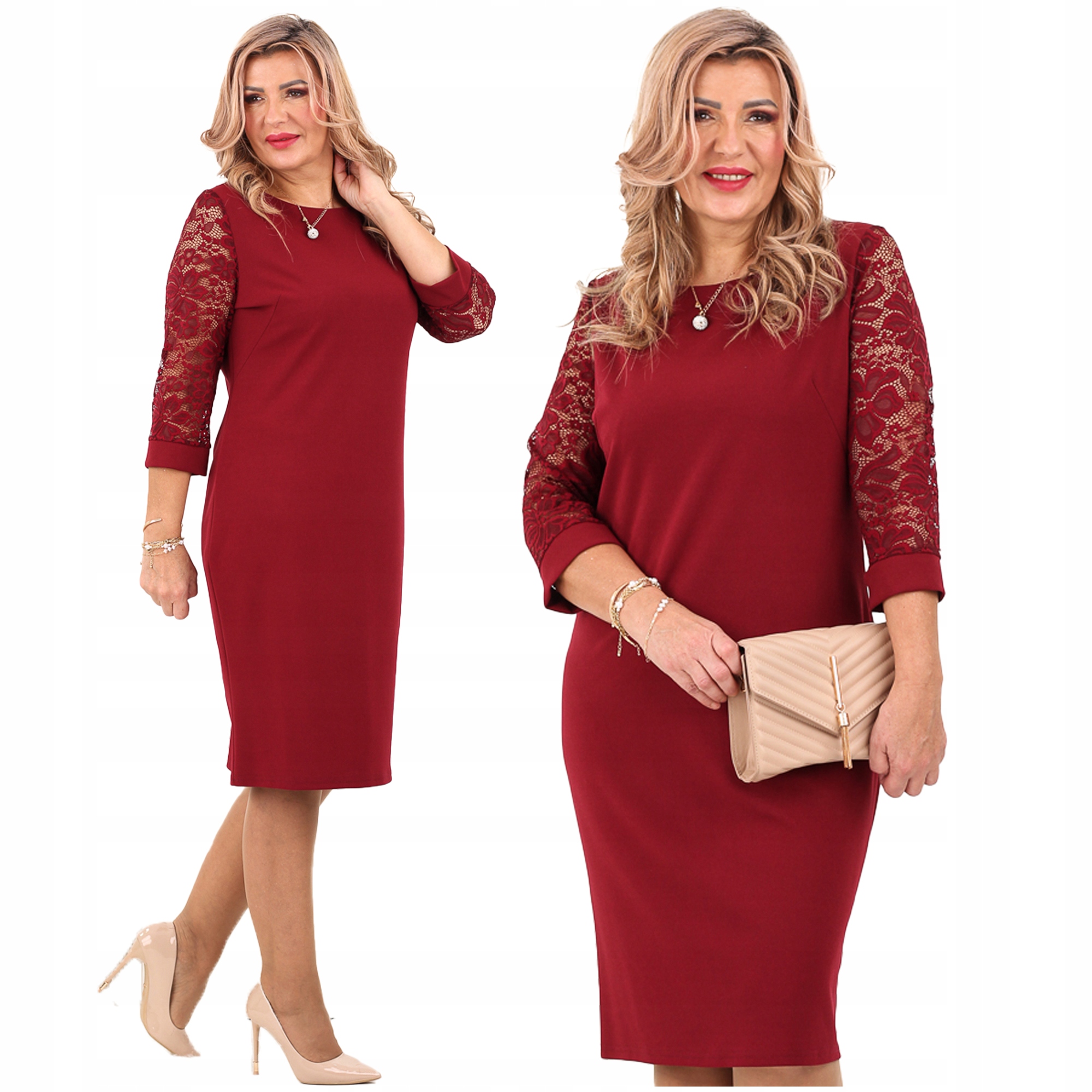 Sukienka Z Rękawami Z Koronki Prosta Klasyczna Wizytowa